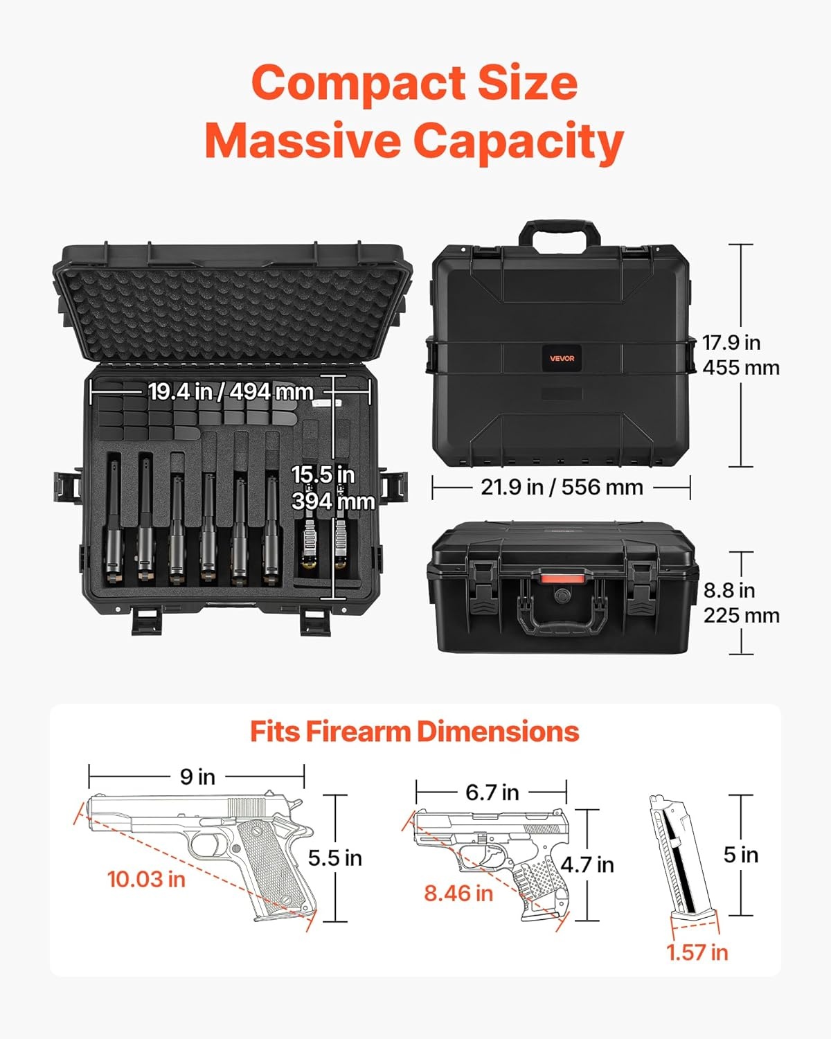 image:imageVEVOR Hard Pistol Case Holds Multiple Pistols amp Magazine Hard Gun Case with PreCut XPE Foam Lining Waterproof Firearm Travel Case with Handle for Gun Lenses Camera Gear TSA Compliant8 Pistols 28 Magazine