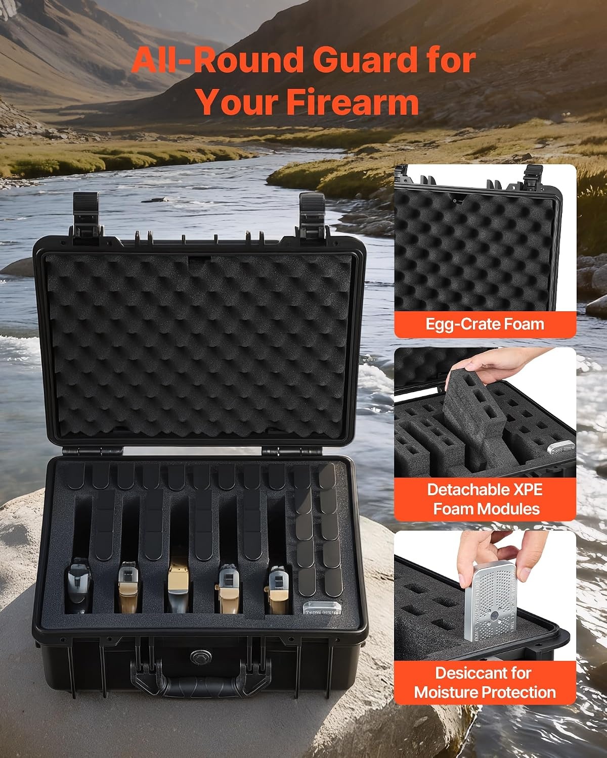 image:imageVEVOR Hard Pistol Case Holds Multiple Pistols amp Magazine Hard Gun Case with PreCut XPE Foam Lining Waterproof Firearm Travel Case with Handle for Gun Lenses Camera Gear TSA Compliant5 Pistols 31 Magazine