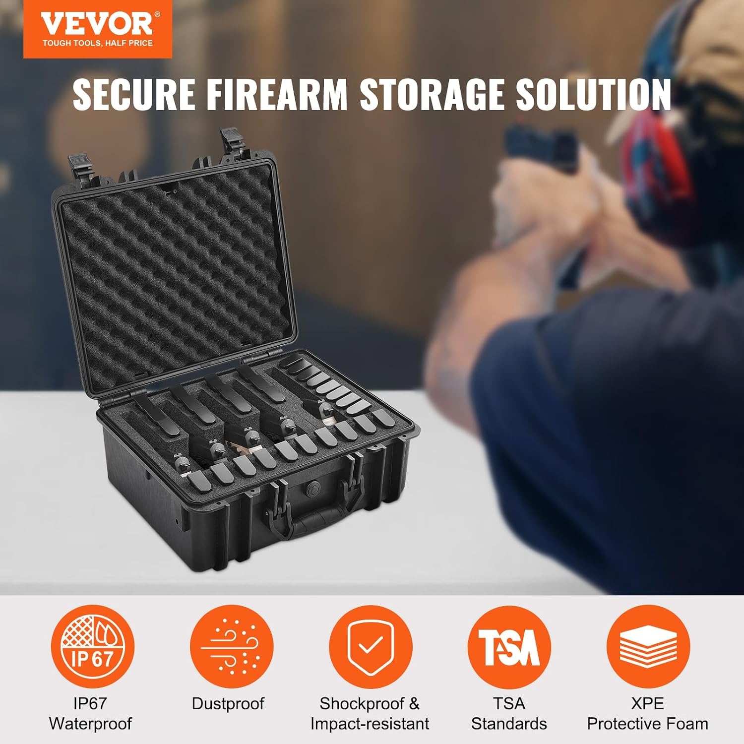 image:imageVEVOR Hard Pistol Case Holds Multiple Pistols amp Magazine Hard Gun Case with PreCut XPE Foam Lining Waterproof Firearm Travel Case with Handle for Gun Lenses Camera Gear TSA Compliant5 Pistols 30 Magazine