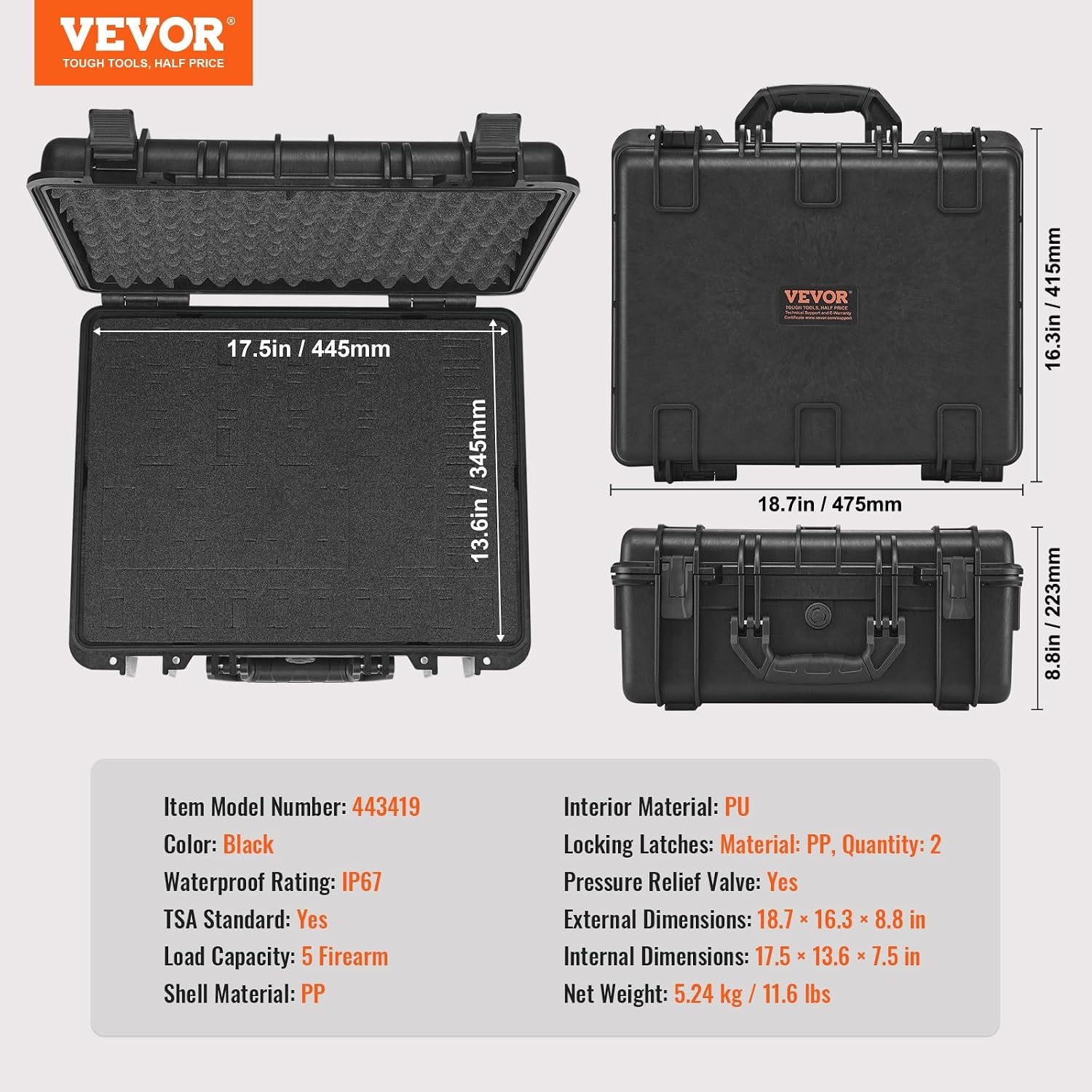 image:imageVEVOR Hard Pistol Case Holds Multiple Pistols amp Magazine Hard Gun Case with PreCut XPE Foam Lining Waterproof Firearm Travel Case with Handle for Gun Lenses Camera Gear TSA Compliant5 Pistols 30 Magazine