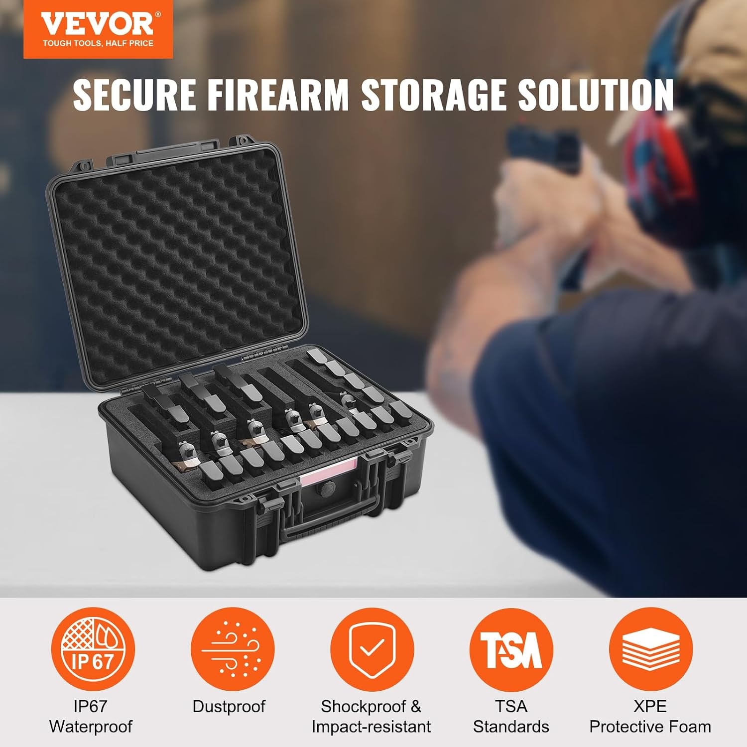image:imageVEVOR Hard Pistol Case Holds Multiple Pistols amp Magazine Hard Gun Case with PreCut XPE Foam Lining Waterproof Firearm Travel Case with Handle for Gun Lenses Camera Gear TSA Compliant6 Pistols 24 Magazine