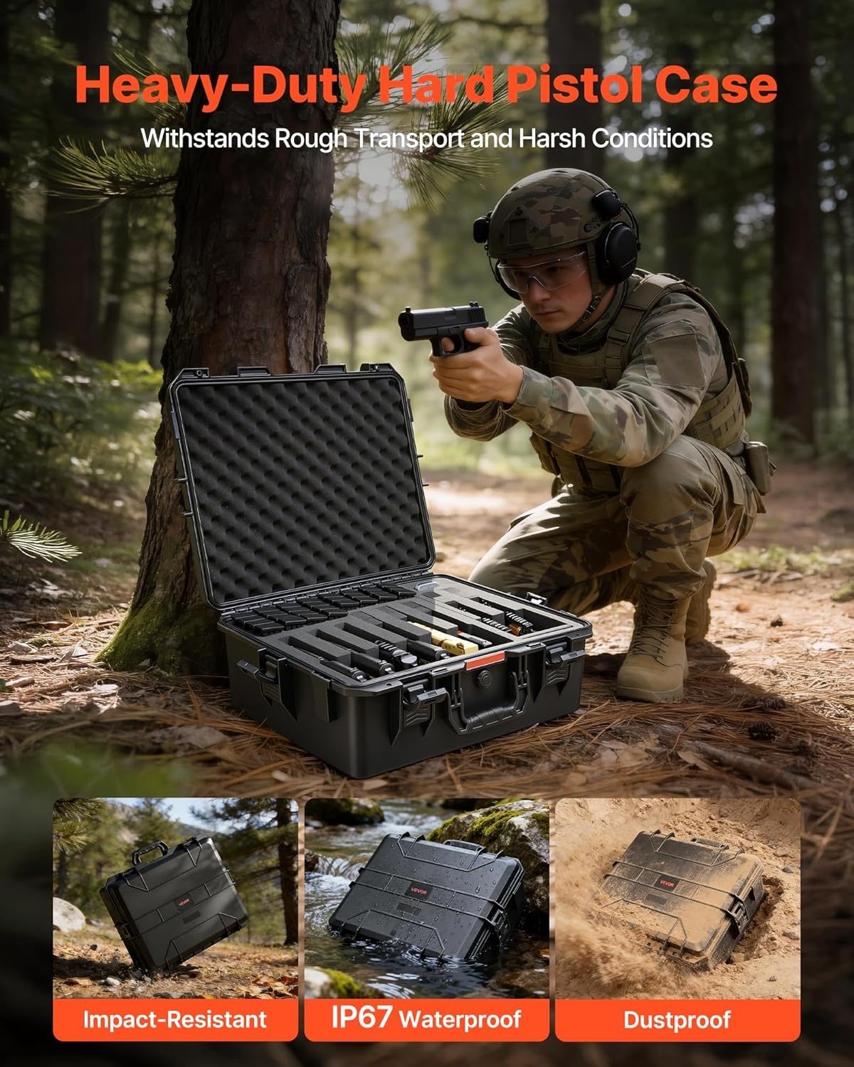 image:imageVEVOR Hard Pistol Case Holds Multiple Pistols amp Magazine Hard Gun Case with PreCut XPE Foam Lining Waterproof Firearm Travel Case with Handle for Gun Lenses Camera Gear TSA Compliant8 Pistols 28 Magazine