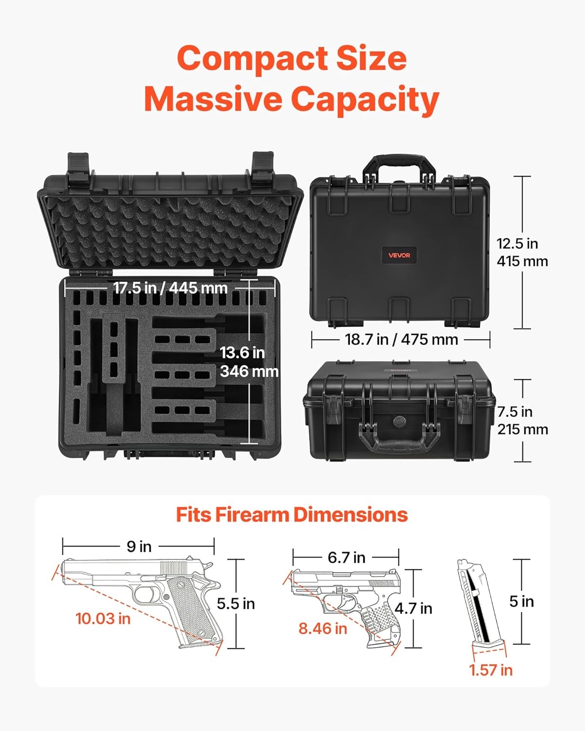 image:imageVEVOR Hard Pistol Case Holds Multiple Pistols amp Magazine Hard Gun Case with PreCut XPE Foam Lining Waterproof Firearm Travel Case with Handle for Gun Lenses Camera Gear TSA Compliant6 Pistols 31 Magazine
