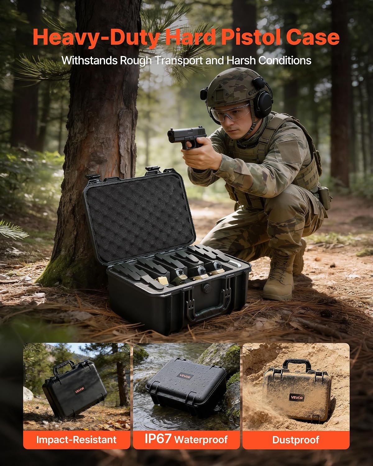 image:imageVEVOR Hard Pistol Case Holds Multiple Pistols amp Magazine Hard Gun Case with PreCut XPE Foam Lining Waterproof Firearm Travel Case with Handle for Gun Lenses Camera Gear TSA Compliant4 Pistols 23 Magazine