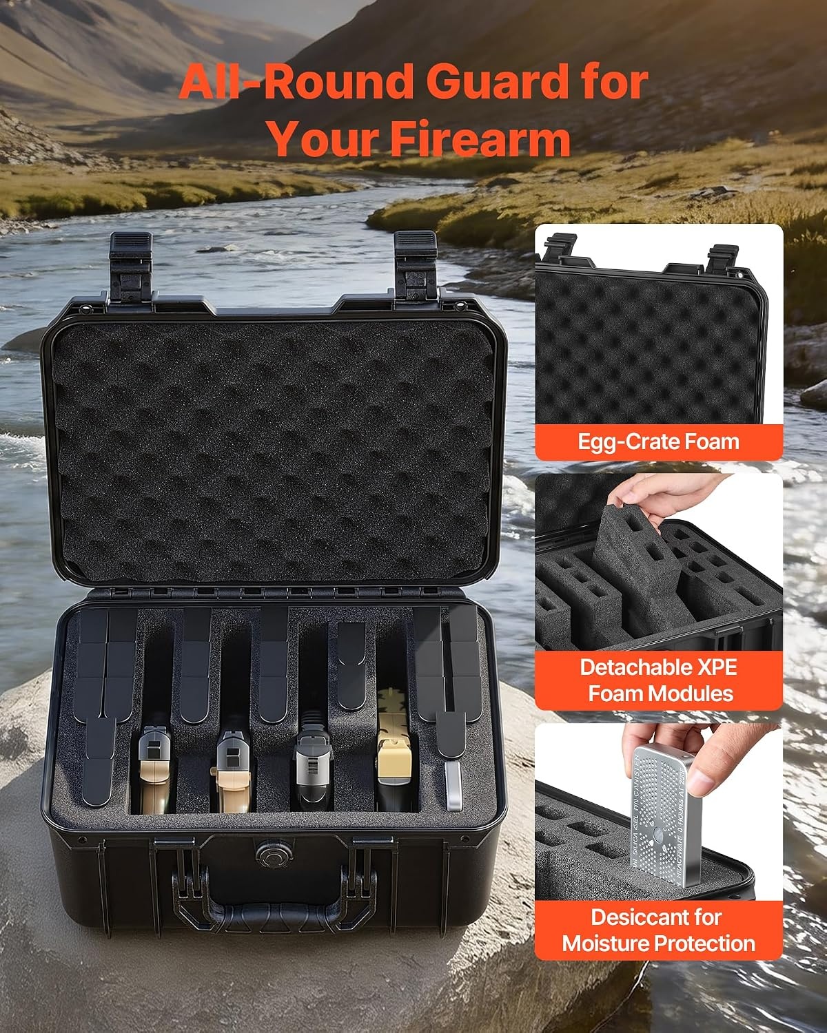 image:imageVEVOR Hard Pistol Case Holds Multiple Pistols amp Magazine Hard Gun Case with PreCut XPE Foam Lining Waterproof Firearm Travel Case with Handle for Gun Lenses Camera Gear TSA Compliant4 Pistols 23 Magazine