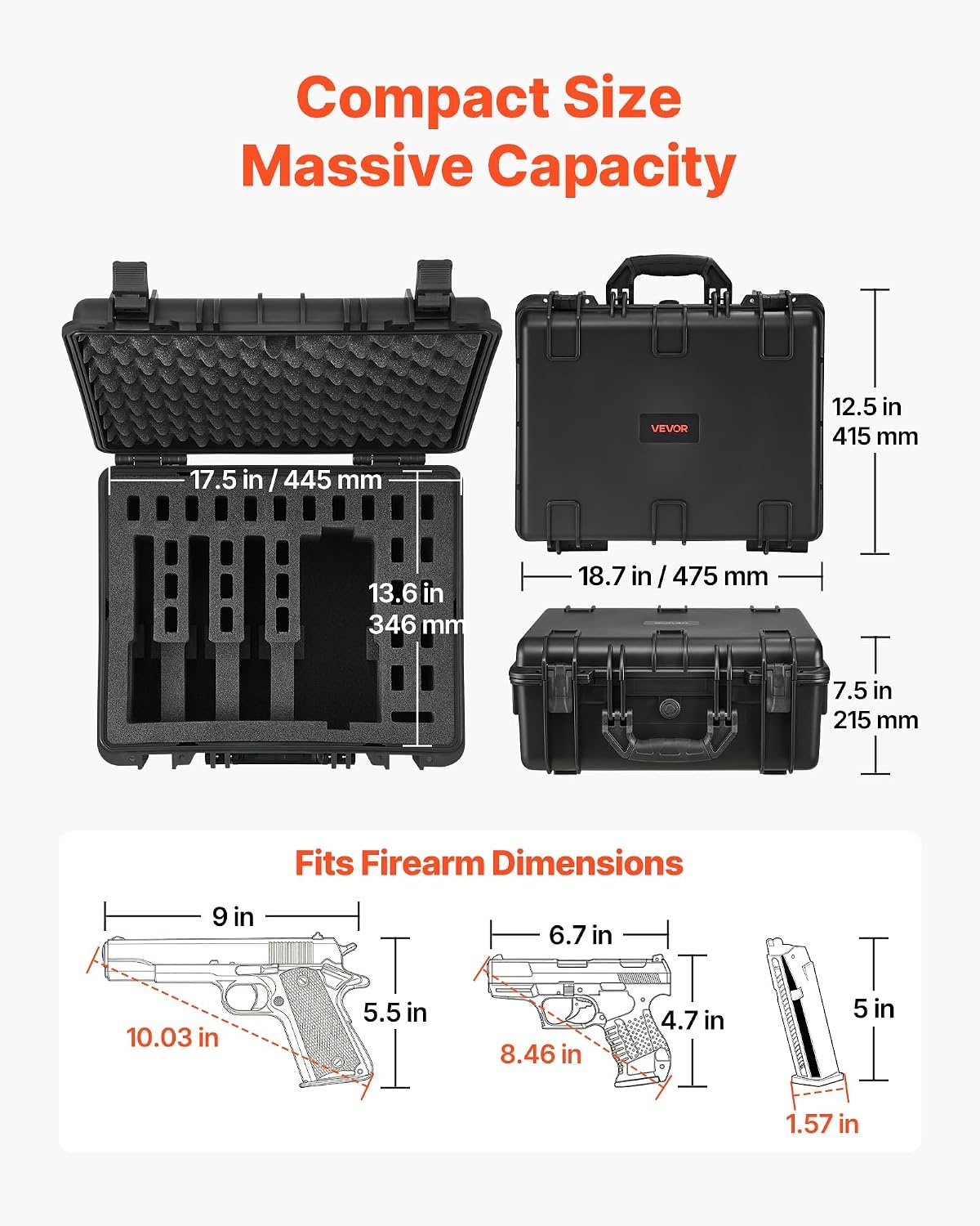 image:imageVEVOR Hard Pistol Case Holds Multiple Pistols amp Magazine Hard Gun Case with PreCut XPE Foam Lining Waterproof Firearm Travel Case with Handle for Gun Lenses Camera Gear TSA Compliant5 Pistols 31 Magazine