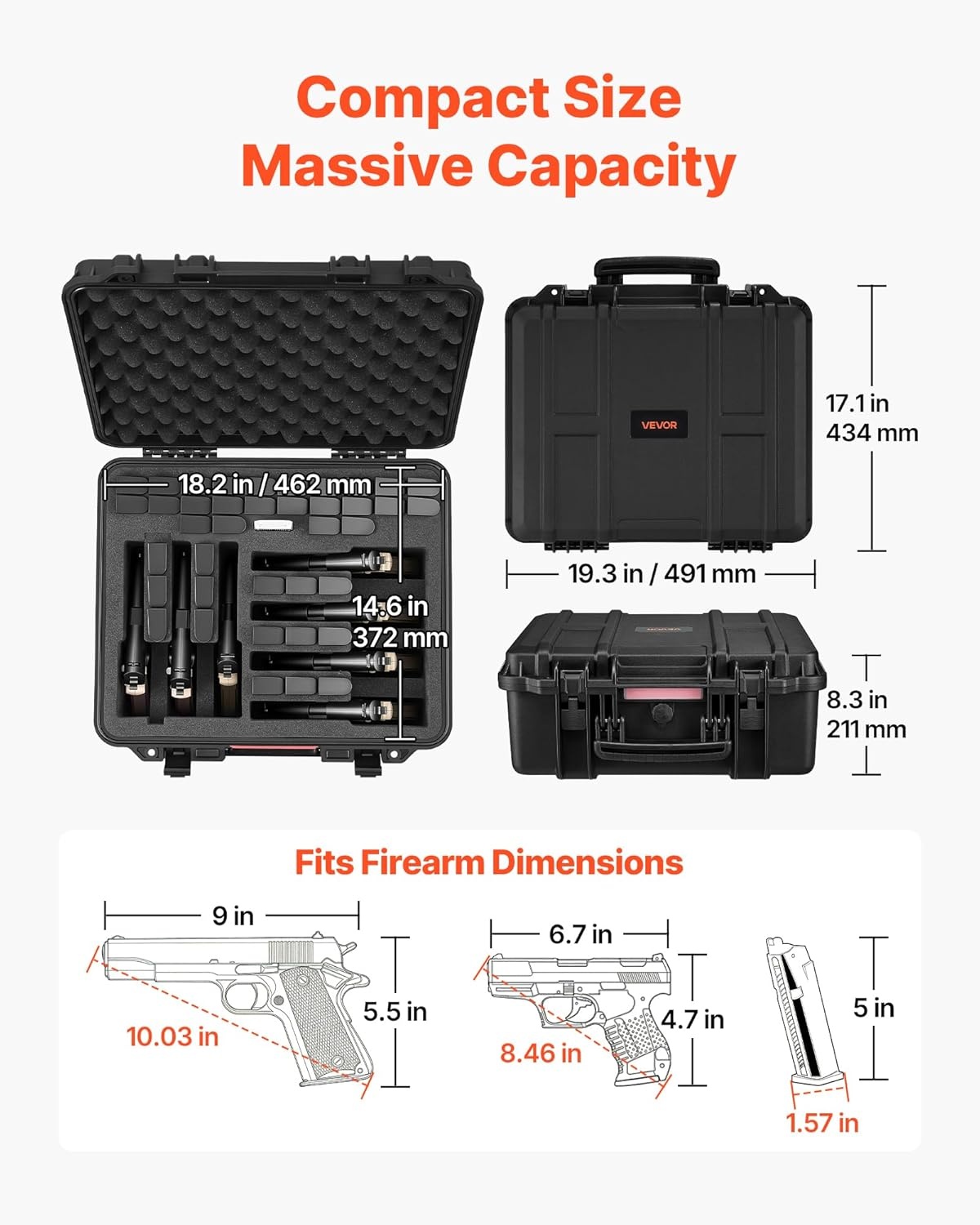 image:imageVEVOR Hard Pistol Case Holds Multiple Pistols amp Magazine Hard Gun Case with PreCut XPE Foam Lining Waterproof Firearm Travel Case with Handle for Gun Lenses Camera Gear TSA Compliant7 Pistols 39 Magazine