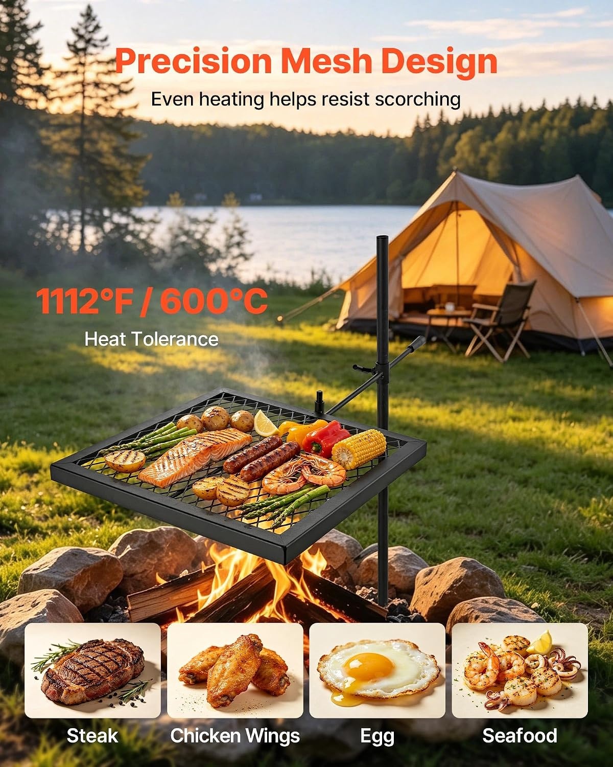 image:imageVEVOR Heavy Duty Swivel Campfire Grill 24 Portable Camping Grill Grate amp Griddle Sturdy Steel BBQ Mesh 360 Height Adjustable Over Fire Pit Equipment for Outdoor Open Flame Cooking Black1616 inch Swivel Upgraded