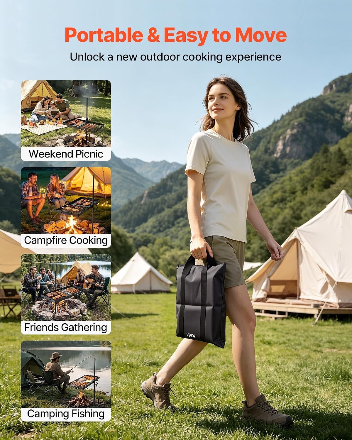 image:imageVEVOR Heavy Duty Swivel Campfire Grill 24 Portable Camping Grill Grate amp Griddle Sturdy Steel BBQ Mesh 360 Height Adjustable Over Fire Pit Equipment for Outdoor Open Flame Cooking Black2412 inch Swivel
