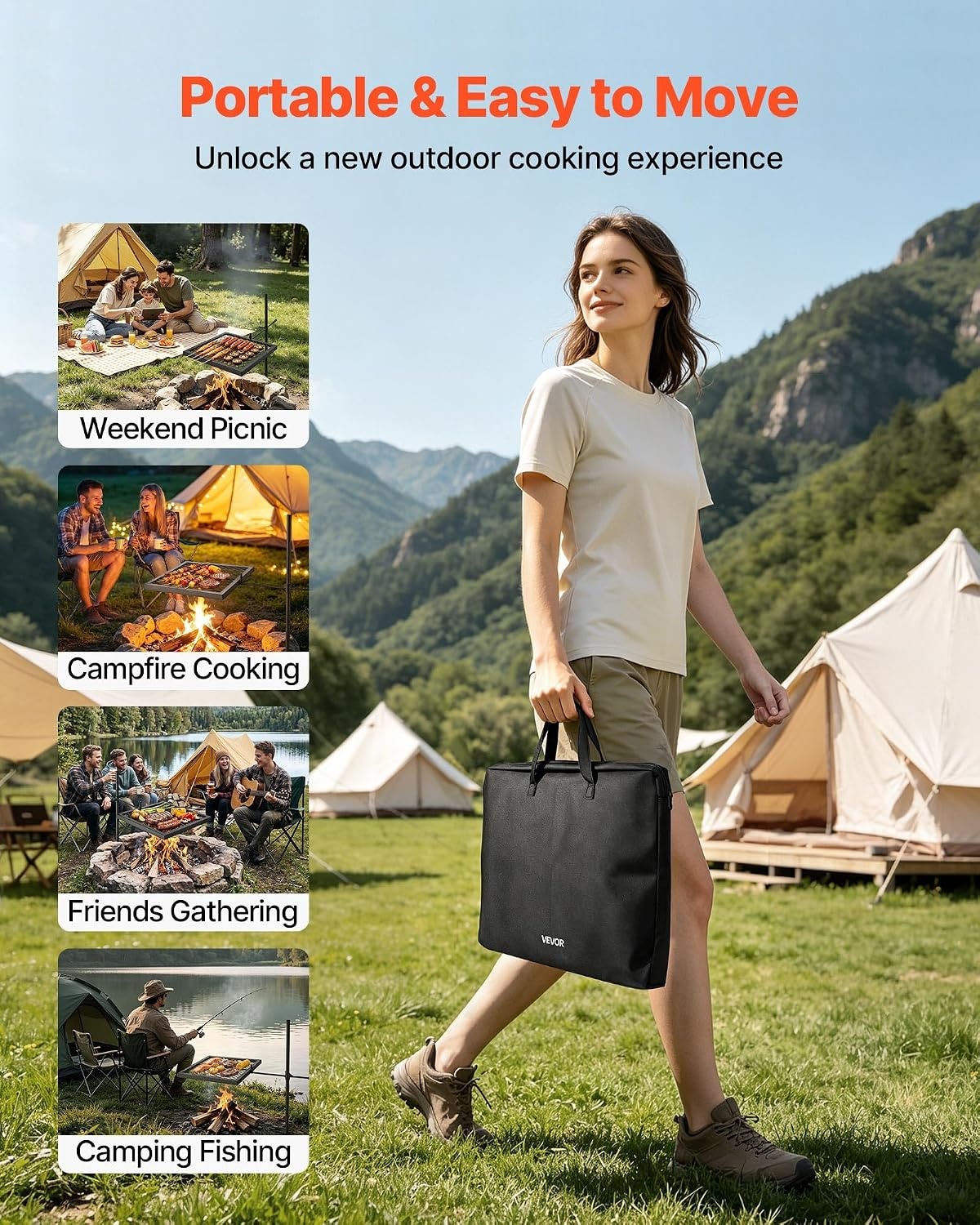 image:imageVEVOR Heavy Duty Swivel Campfire Grill 24 Portable Camping Grill Grate amp Griddle Sturdy Steel BBQ Mesh 360 Height Adjustable Over Fire Pit Equipment for Outdoor Open Flame Cooking Black1616 inch Swivel Upgraded