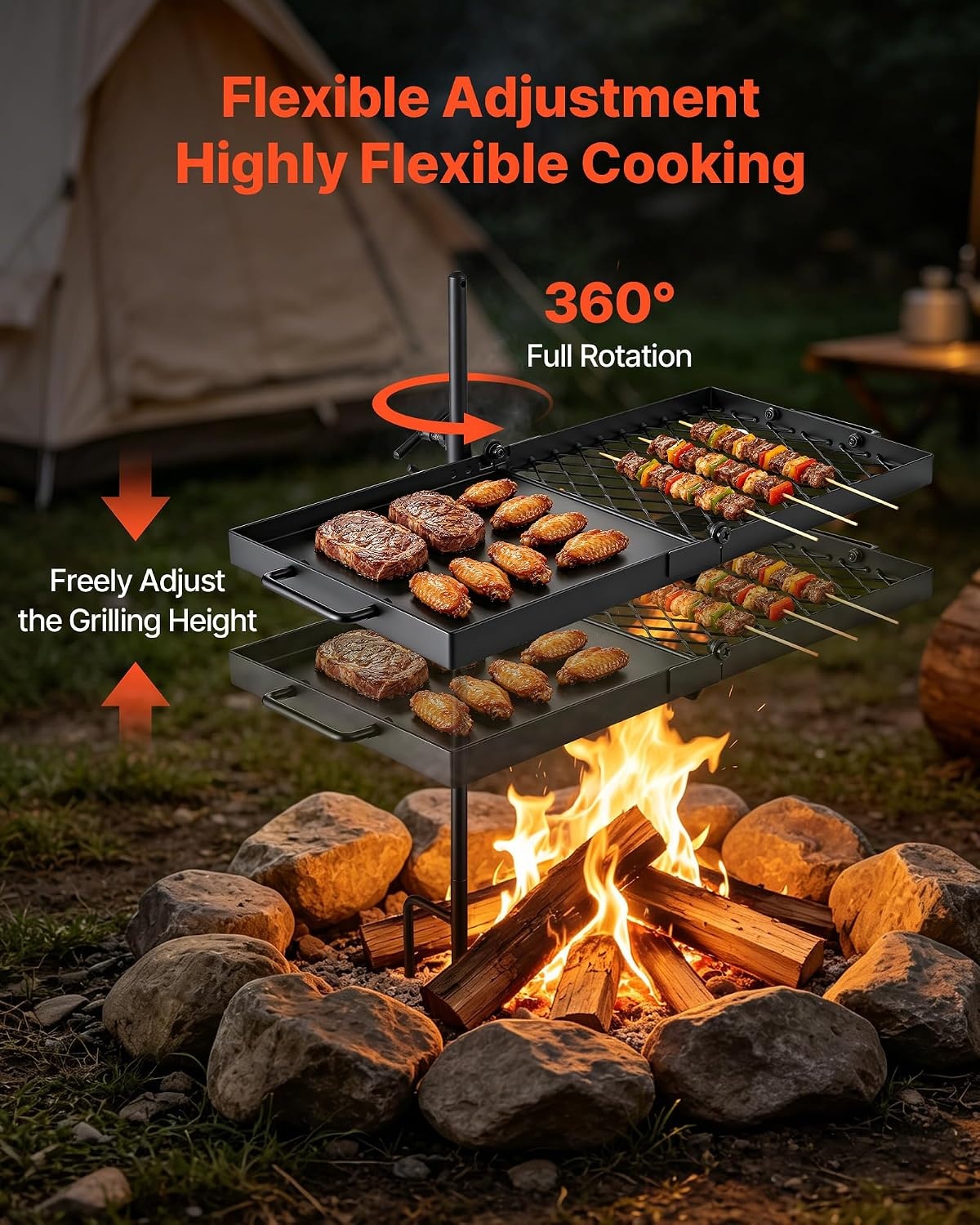 image:imageVEVOR Heavy Duty Swivel Campfire Grill 24 Portable Camping Grill Grate amp Griddle Sturdy Steel BBQ Mesh 360 Height Adjustable Over Fire Pit Equipment for Outdoor Open Flame Cooking Black2412 inch Swivel
