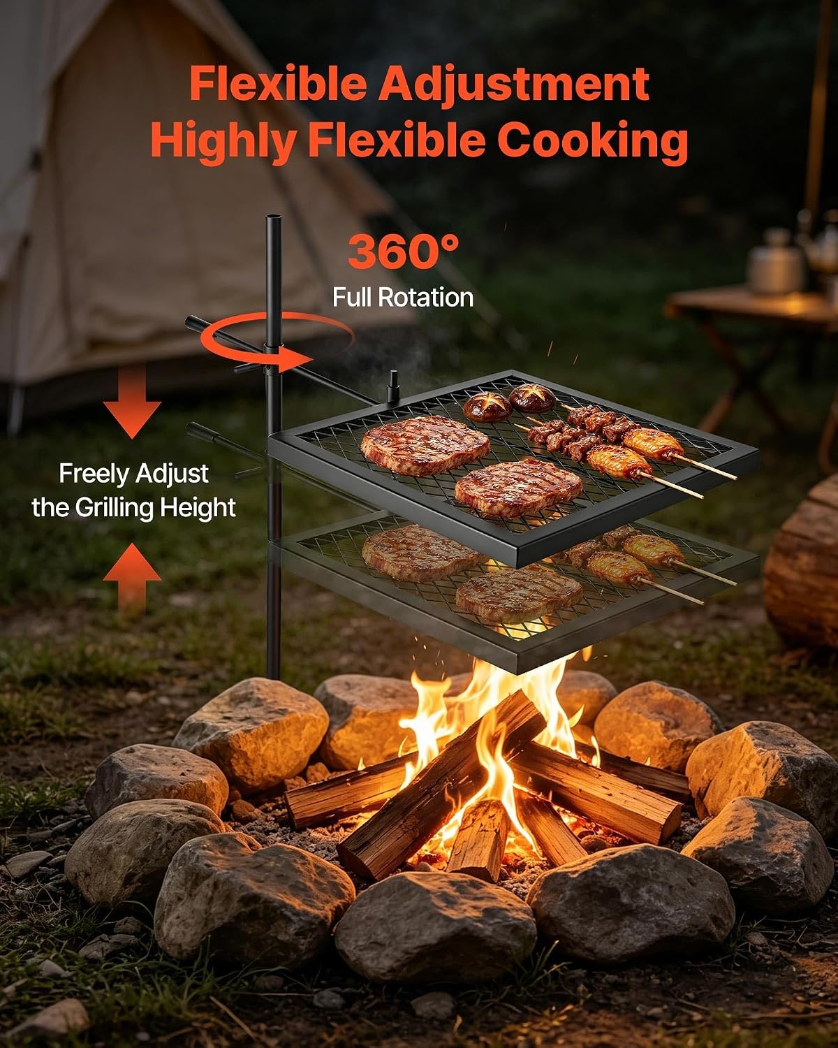 image:imageVEVOR Heavy Duty Swivel Campfire Grill 24 Portable Camping Grill Grate amp Griddle Sturdy Steel BBQ Mesh 360 Height Adjustable Over Fire Pit Equipment for Outdoor Open Flame Cooking Black1616 inch Swivel Upgraded