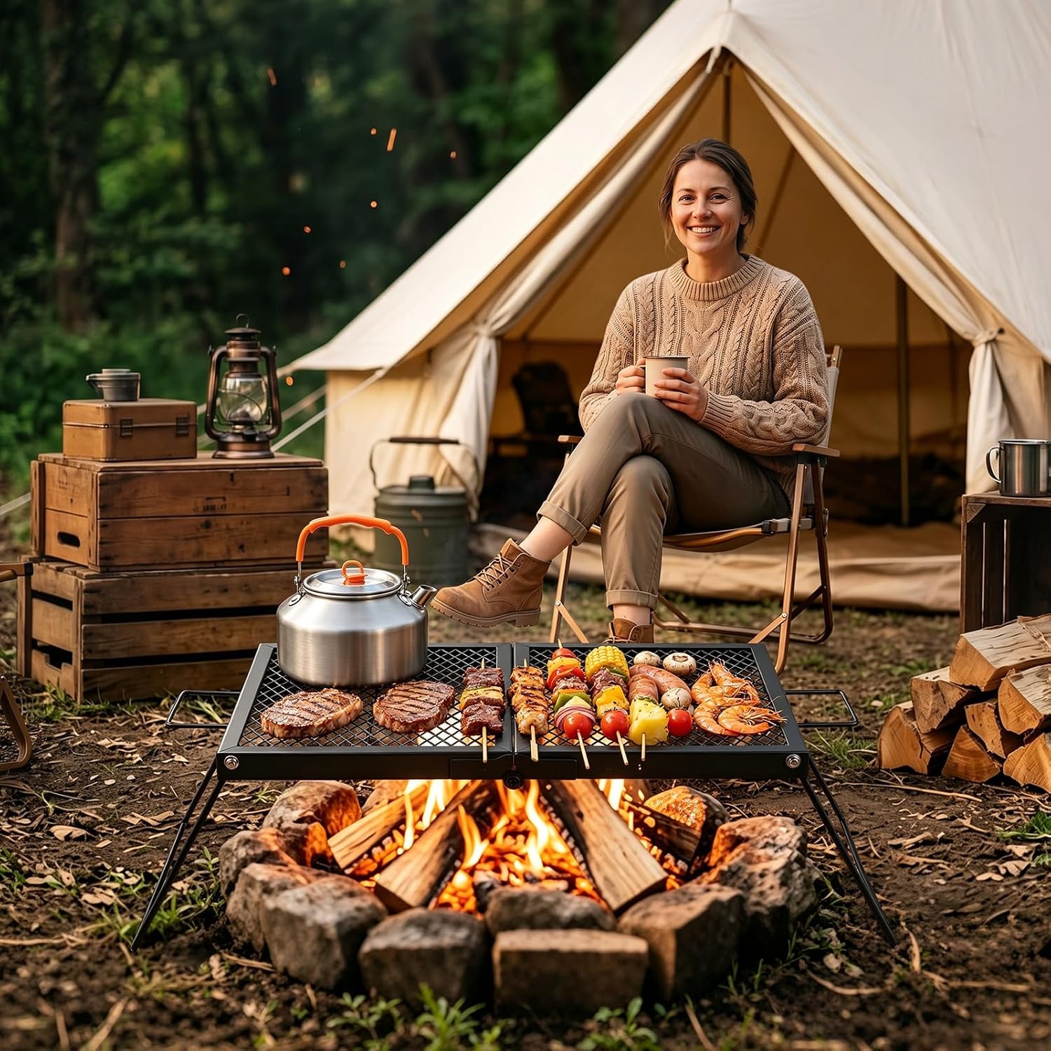 image:imageVEVOR Heavy Duty Swivel Campfire Grill 24 Portable Camping Grill Grate amp Griddle Sturdy Steel BBQ Mesh 360 Height Adjustable Over Fire Pit Equipment for Outdoor Open Flame Cooking Black2415 inch Folding