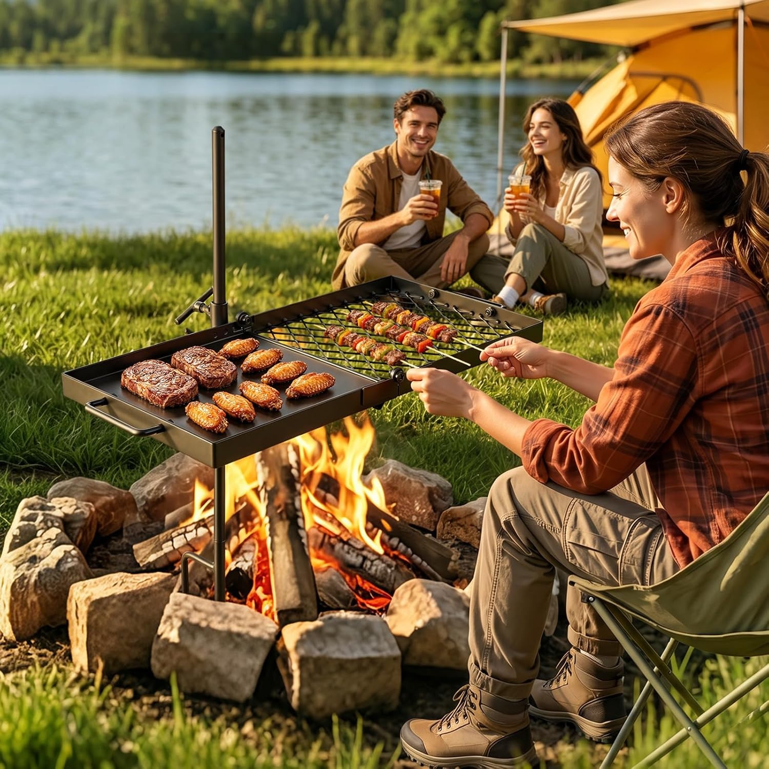 image:imageVEVOR Heavy Duty Swivel Campfire Grill 24 Portable Camping Grill Grate amp Griddle Sturdy Steel BBQ Mesh 360 Height Adjustable Over Fire Pit Equipment for Outdoor Open Flame Cooking Black2412 inch Swivel