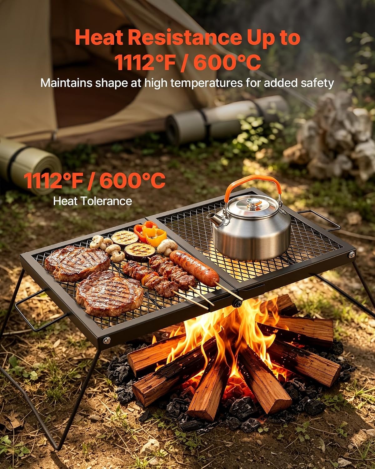 image:imageVEVOR Heavy Duty Swivel Campfire Grill 24 Portable Camping Grill Grate amp Griddle Sturdy Steel BBQ Mesh 360 Height Adjustable Over Fire Pit Equipment for Outdoor Open Flame Cooking Black2415 inch Folding