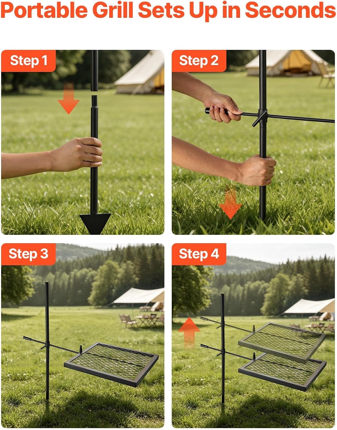 image:imageVEVOR Heavy Duty Swivel Campfire Grill 24 Portable Camping Grill Grate amp Griddle Sturdy Steel BBQ Mesh 360 Height Adjustable Over Fire Pit Equipment for Outdoor Open Flame Cooking Black1616 inch Swivel Upgraded