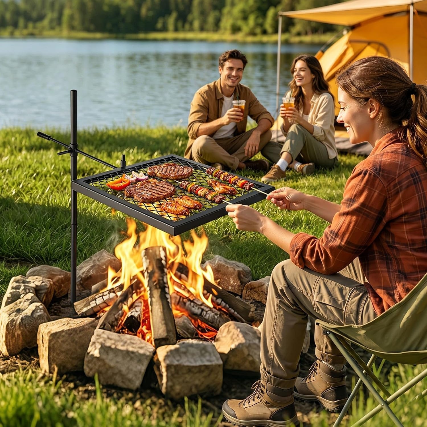 image:imageVEVOR Heavy Duty Swivel Campfire Grill 24 Portable Camping Grill Grate amp Griddle Sturdy Steel BBQ Mesh 360 Height Adjustable Over Fire Pit Equipment for Outdoor Open Flame Cooking Black1616 inch Swivel Upgraded