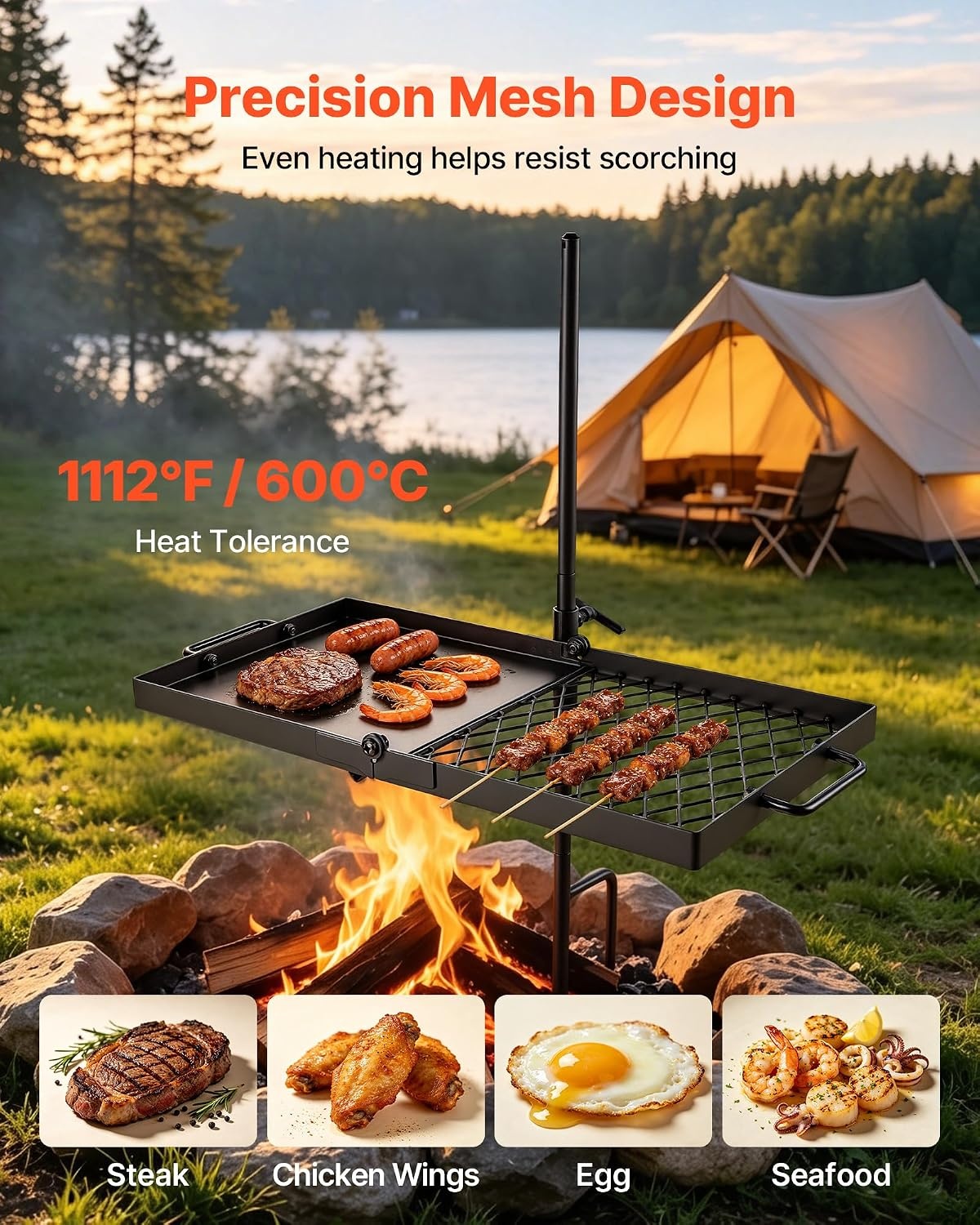image:imageVEVOR Heavy Duty Swivel Campfire Grill 24 Portable Camping Grill Grate amp Griddle Sturdy Steel BBQ Mesh 360 Height Adjustable Over Fire Pit Equipment for Outdoor Open Flame Cooking Black2412 inch Swivel