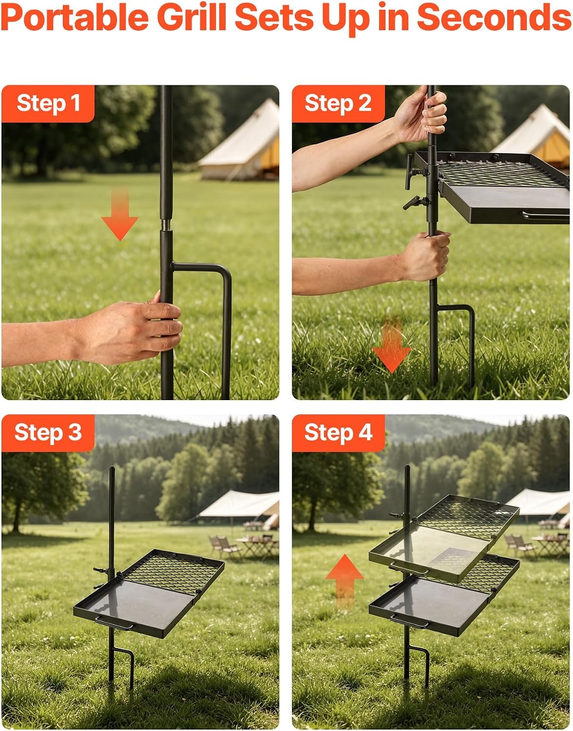image:imageVEVOR Heavy Duty Swivel Campfire Grill 24 Portable Camping Grill Grate amp Griddle Sturdy Steel BBQ Mesh 360 Height Adjustable Over Fire Pit Equipment for Outdoor Open Flame Cooking Black2412 inch Swivel