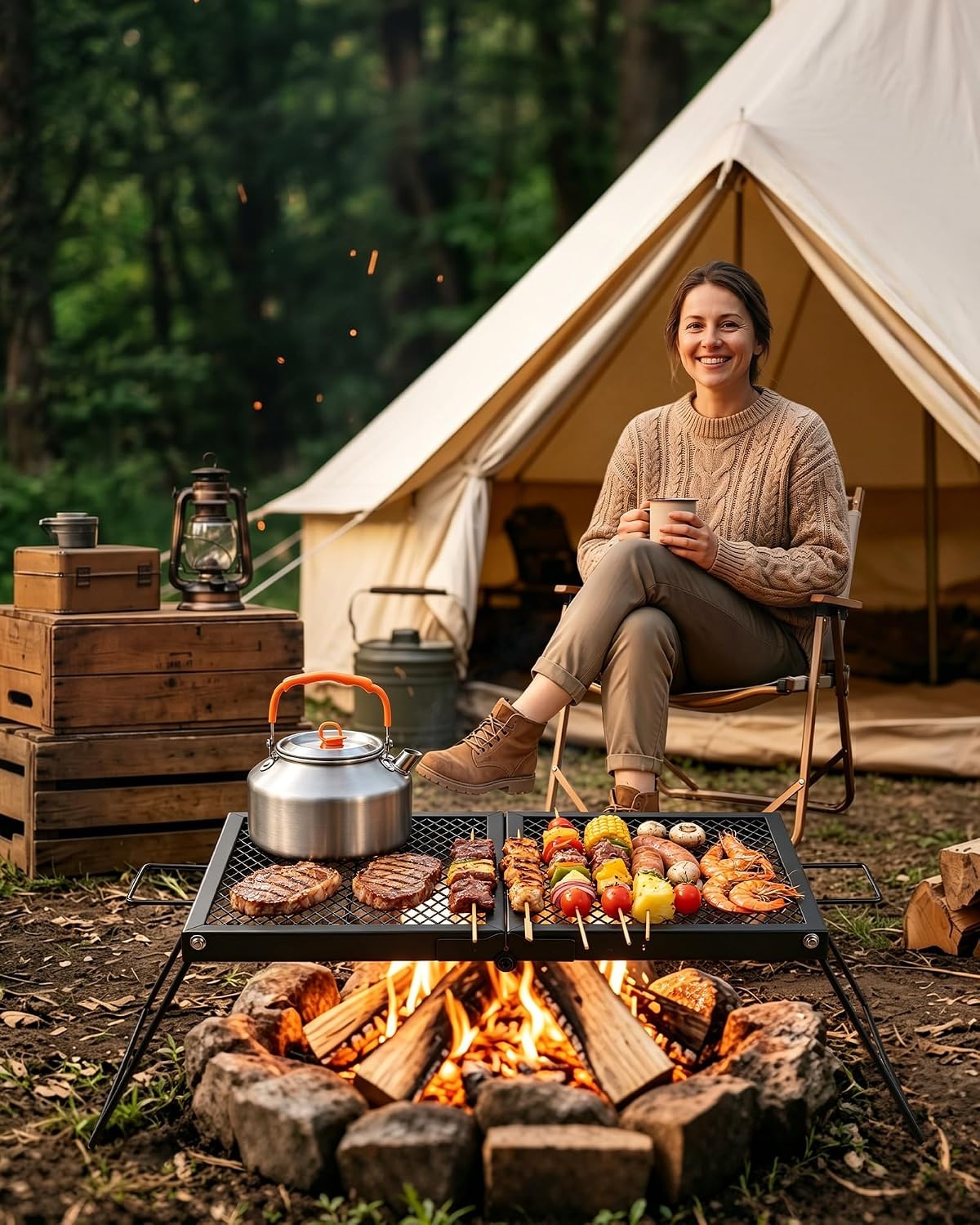 image:imageVEVOR Heavy Duty Swivel Campfire Grill 24 Portable Camping Grill Grate amp Griddle Sturdy Steel BBQ Mesh 360 Height Adjustable Over Fire Pit Equipment for Outdoor Open Flame Cooking Black2415 inch Folding