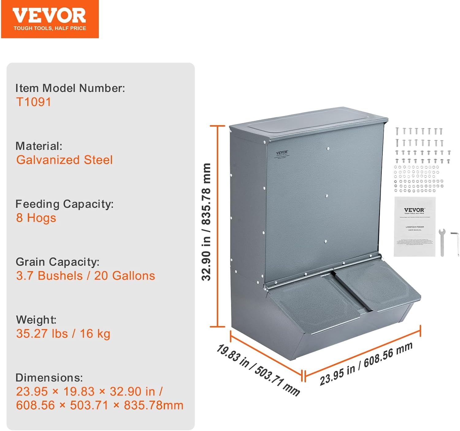 image:imageVEVOR Hog Feeder 22 Bushel Capacity Single Door Pig Feeder Heavy Duty Steel Piglets Feeder Multipurpose Trough Creep Feeder Outdoor Livestock Feeder Farm Accessory for Feeding up to 5 Hogs37 Bushel