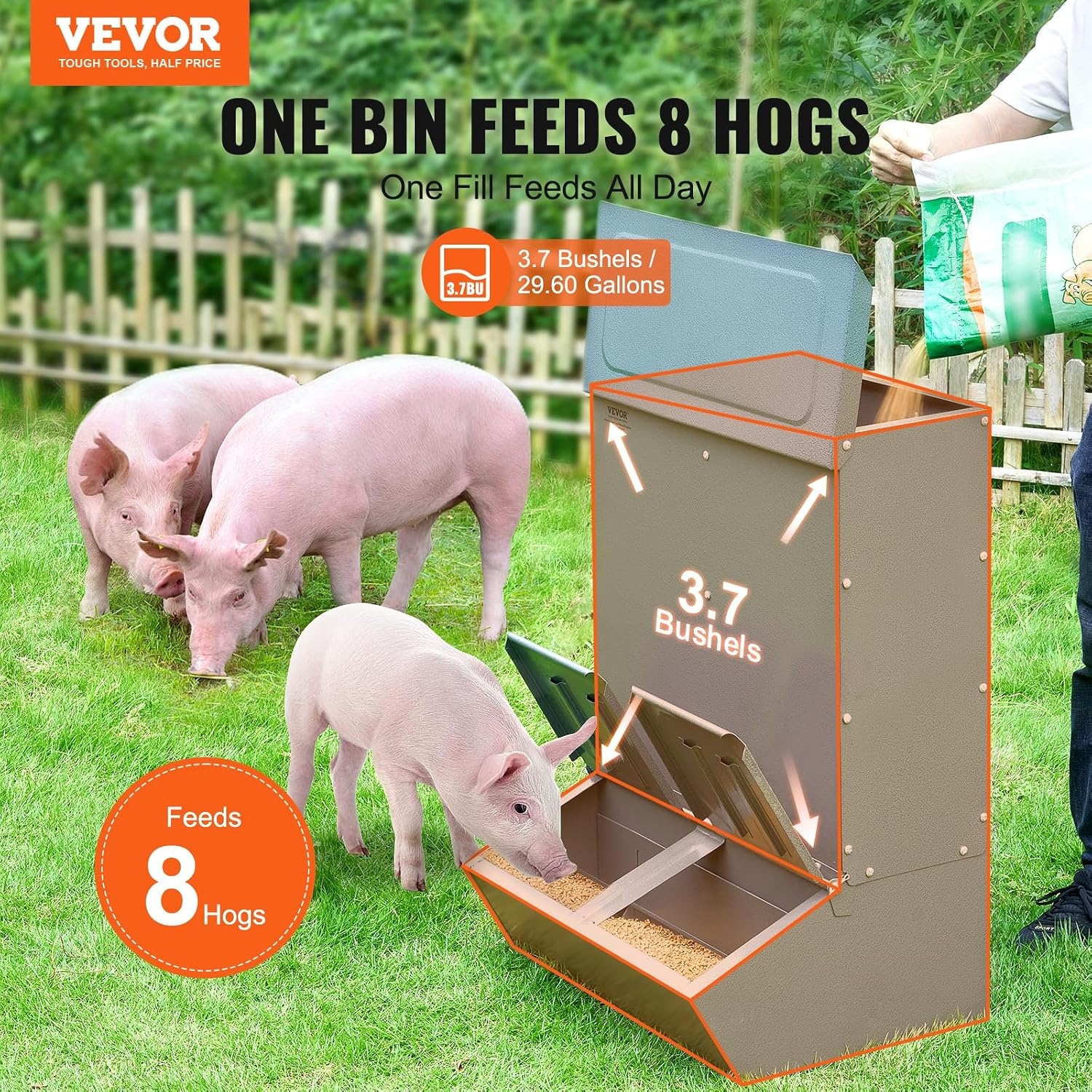 image:imageVEVOR Hog Feeder 22 Bushel Capacity Single Door Pig Feeder Heavy Duty Steel Piglets Feeder Multipurpose Trough Creep Feeder Outdoor Livestock Feeder Farm Accessory for Feeding up to 5 Hogs37 Bushel