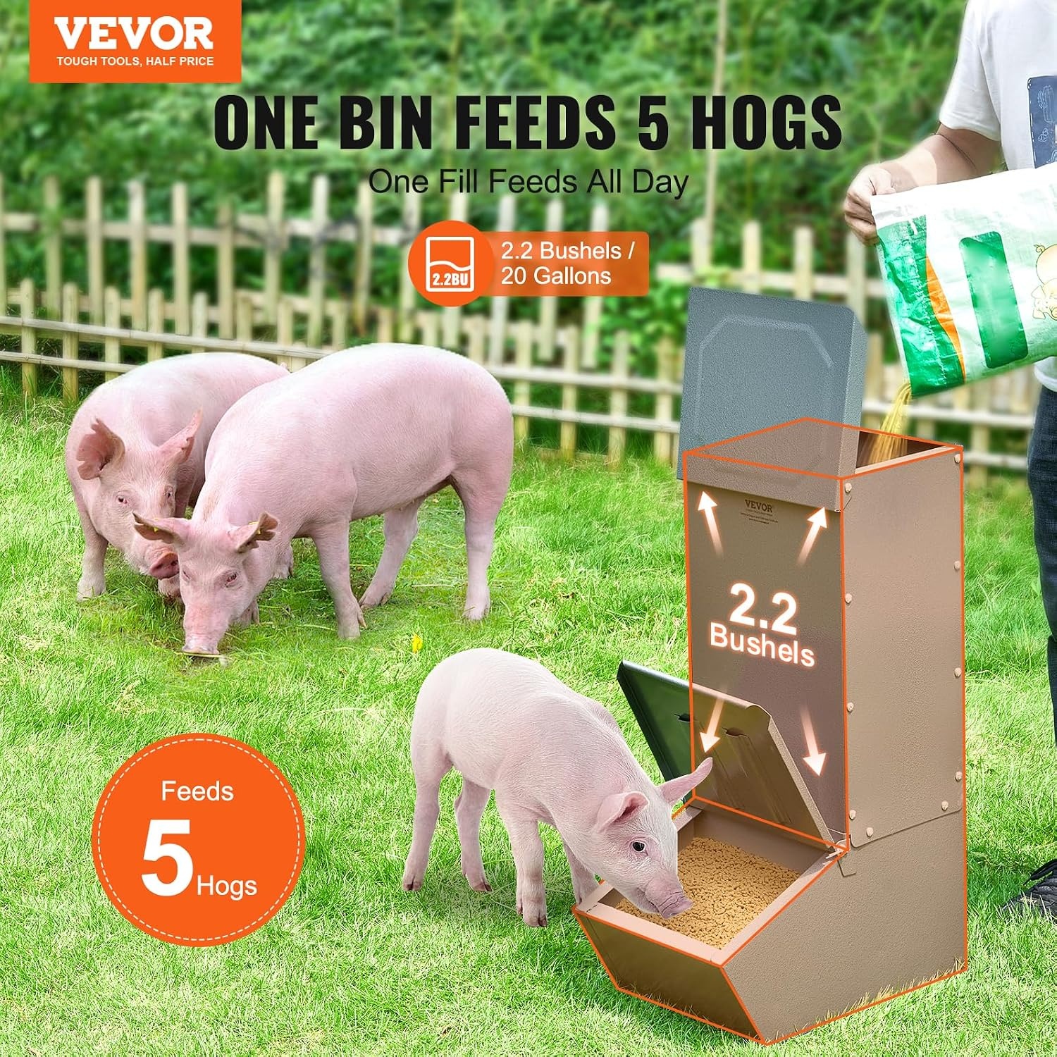 image:imageVEVOR Hog Feeder 22 Bushel Capacity Single Door Pig Feeder Heavy Duty Steel Piglets Feeder Multipurpose Trough Creep Feeder Outdoor Livestock Feeder Farm Accessory for Feeding up to 5 Hogs22 Bushel