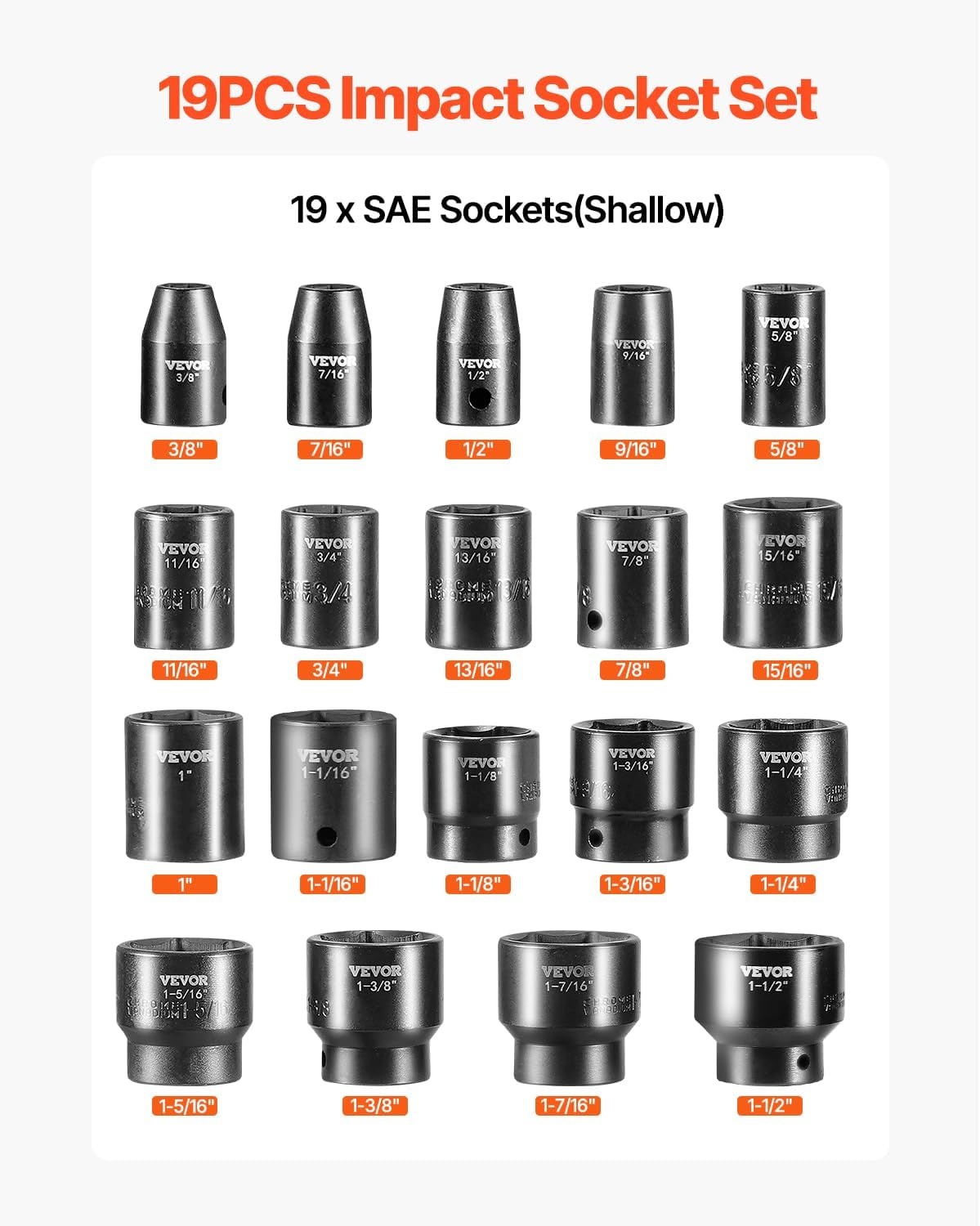 image:imageVEVOR Impact Drive Socket Set 12 Inches 19 Piece Impact Sockets SAE Standard Socket Assortment 38 Inches to 112 Inches 6point Hex Sockets12 19PCS