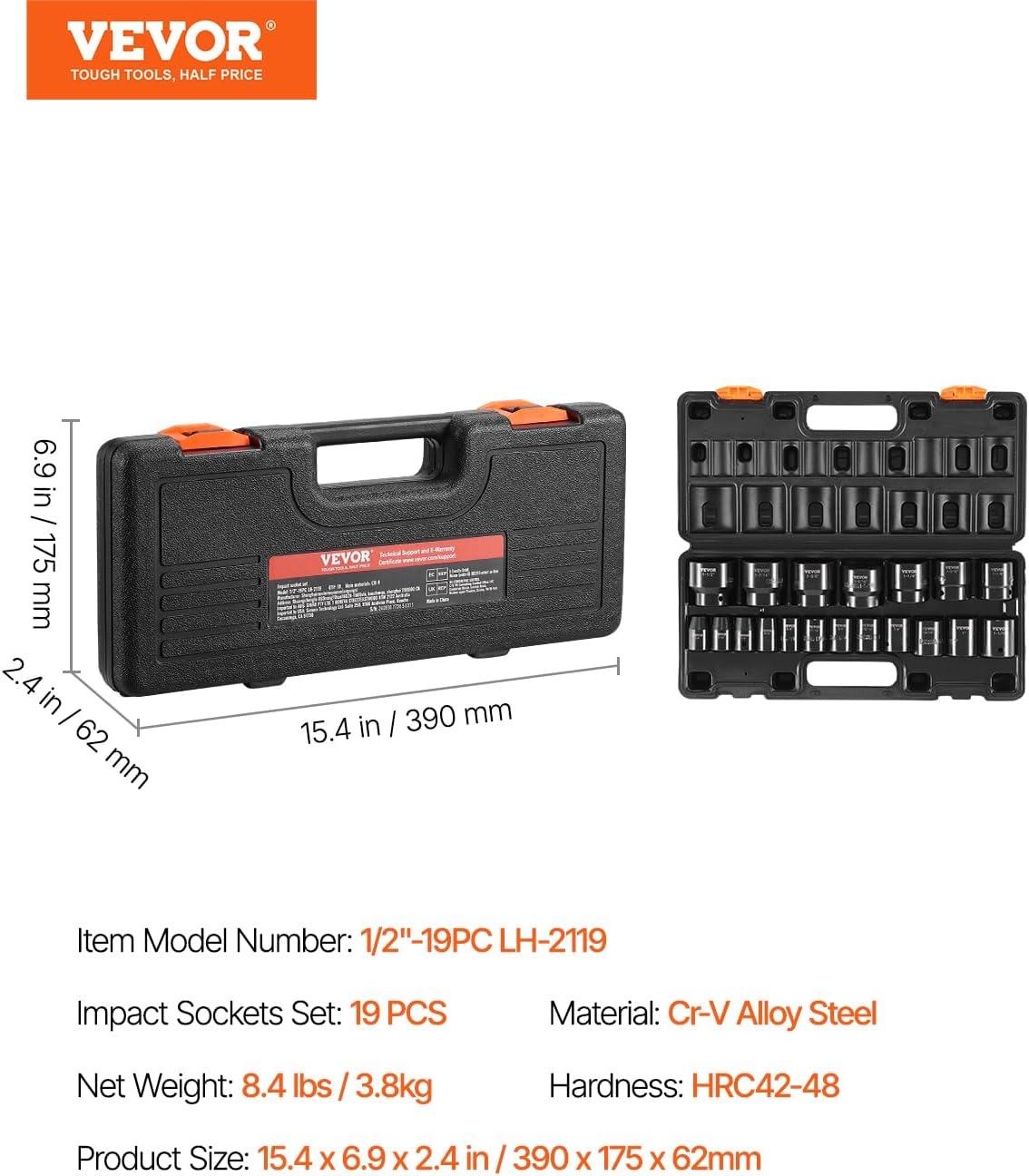 image:imageVEVOR Impact Drive Socket Set 12 Inches 19 Piece Impact Sockets SAE Standard Socket Assortment 38 Inches to 112 Inches 6point Hex Sockets12 19PCS