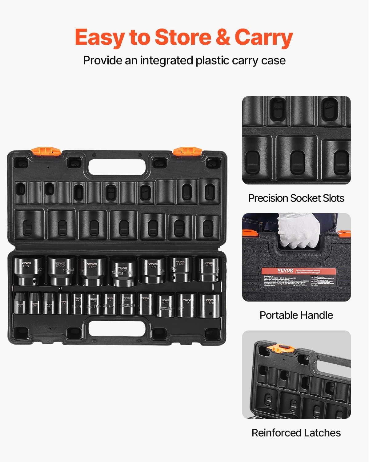 image:imageVEVOR Impact Drive Socket Set 12 Inches 19 Piece Impact Sockets SAE Standard Socket Assortment 38 Inches to 112 Inches 6point Hex Sockets12 19PCS