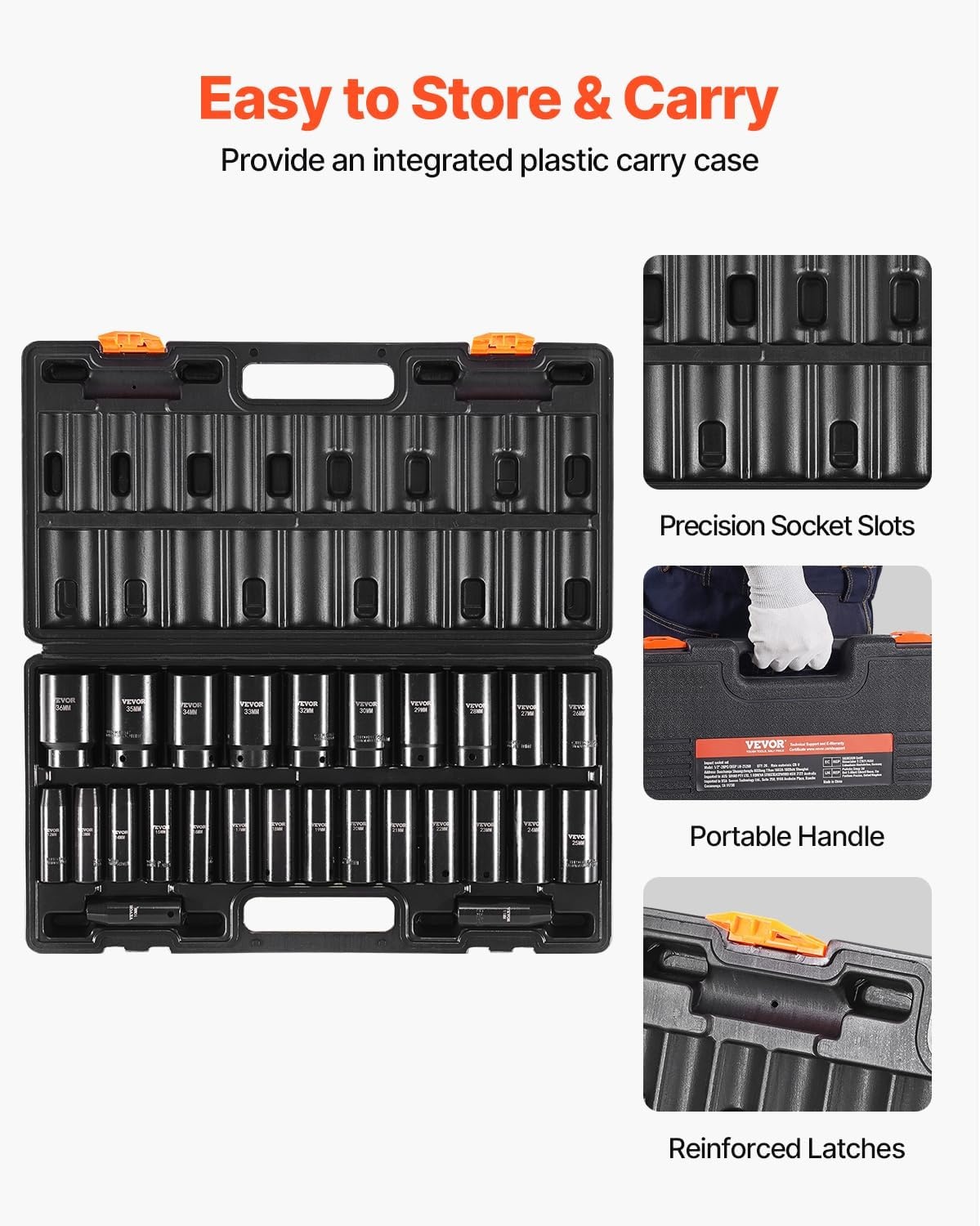image:imageVEVOR Impact Drive Socket Set 12 Inches 19 Piece Impact Sockets SAE Standard Socket Assortment 38 Inches to 112 Inches 6point Hex Sockets12 26PCS