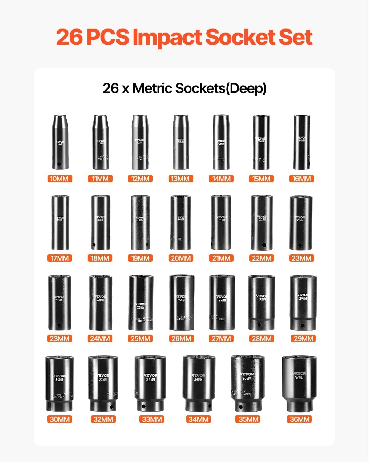 image:imageVEVOR Impact Drive Socket Set 12 Inches 19 Piece Impact Sockets SAE Standard Socket Assortment 38 Inches to 112 Inches 6point Hex Sockets12 26PCS