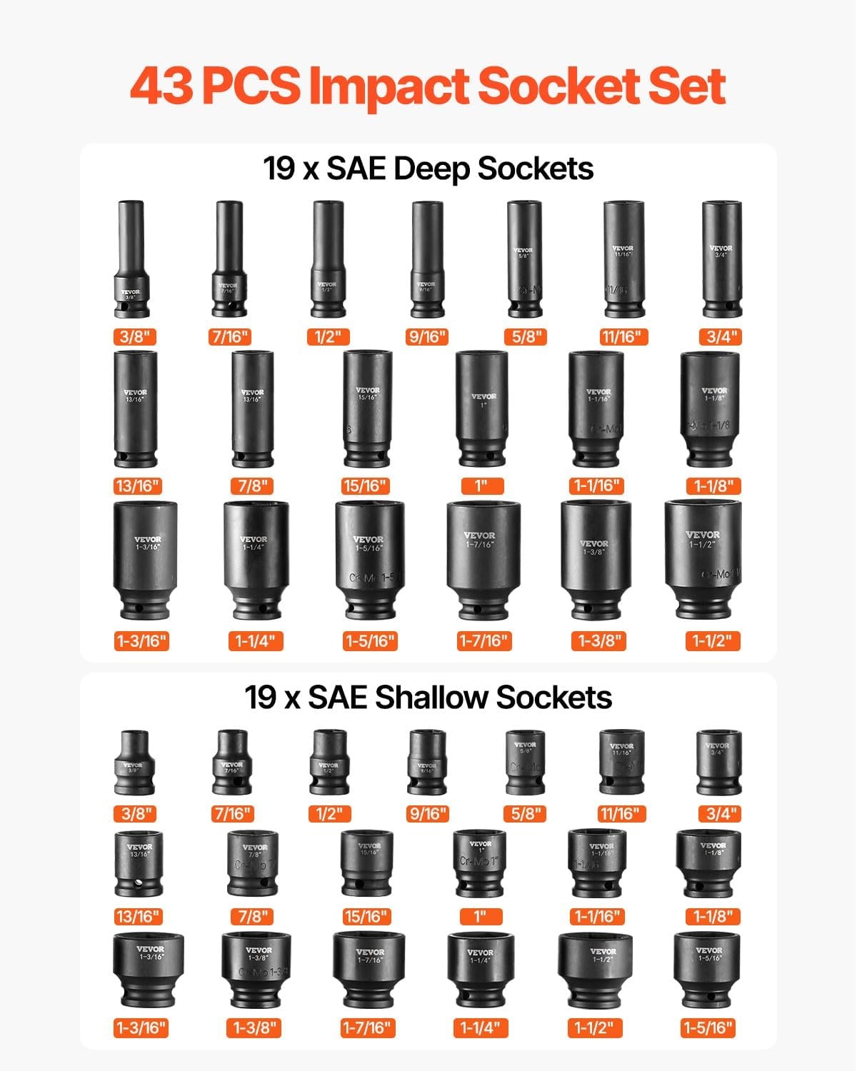 image:imageVEVOR Impact Drive Socket Set 12 Inches 19 Piece Impact Sockets SAE Standard Socket Assortment 38 Inches to 112 Inches 6point Hex Sockets12 43PCS CRMO