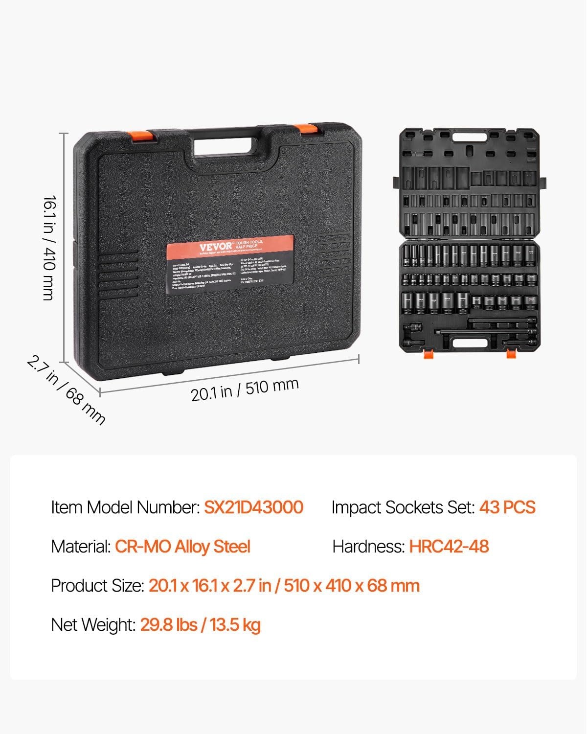 image:imageVEVOR Impact Drive Socket Set 12 Inches 19 Piece Impact Sockets SAE Standard Socket Assortment 38 Inches to 112 Inches 6point Hex Sockets12 43PCS CRMO