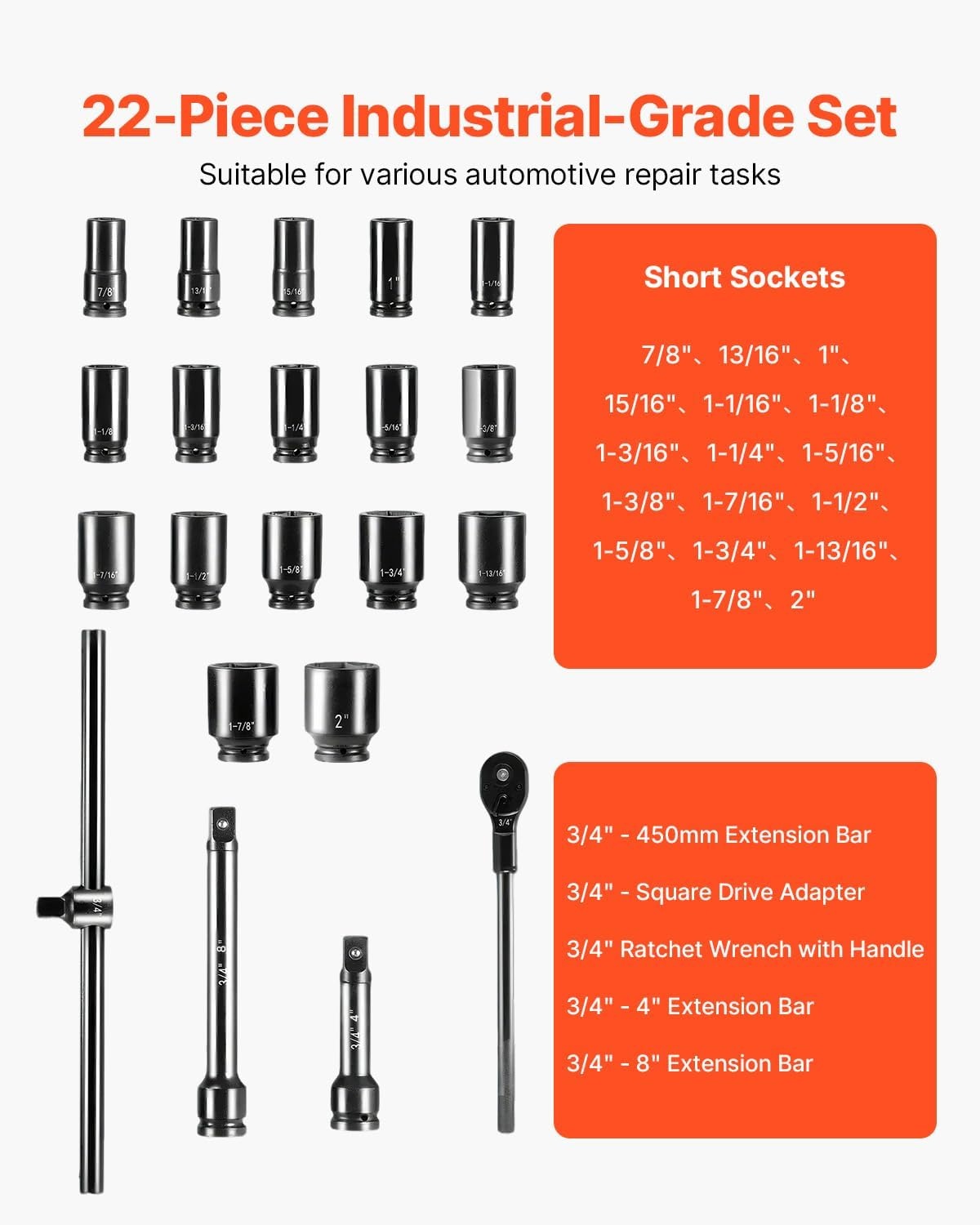 image:imageVEVOR Impact Drive Socket Set 12 Inches 19 Piece Impact Sockets SAE Standard Socket Assortment 38 Inches to 112 Inches 6point Hex Sockets34 22PCS