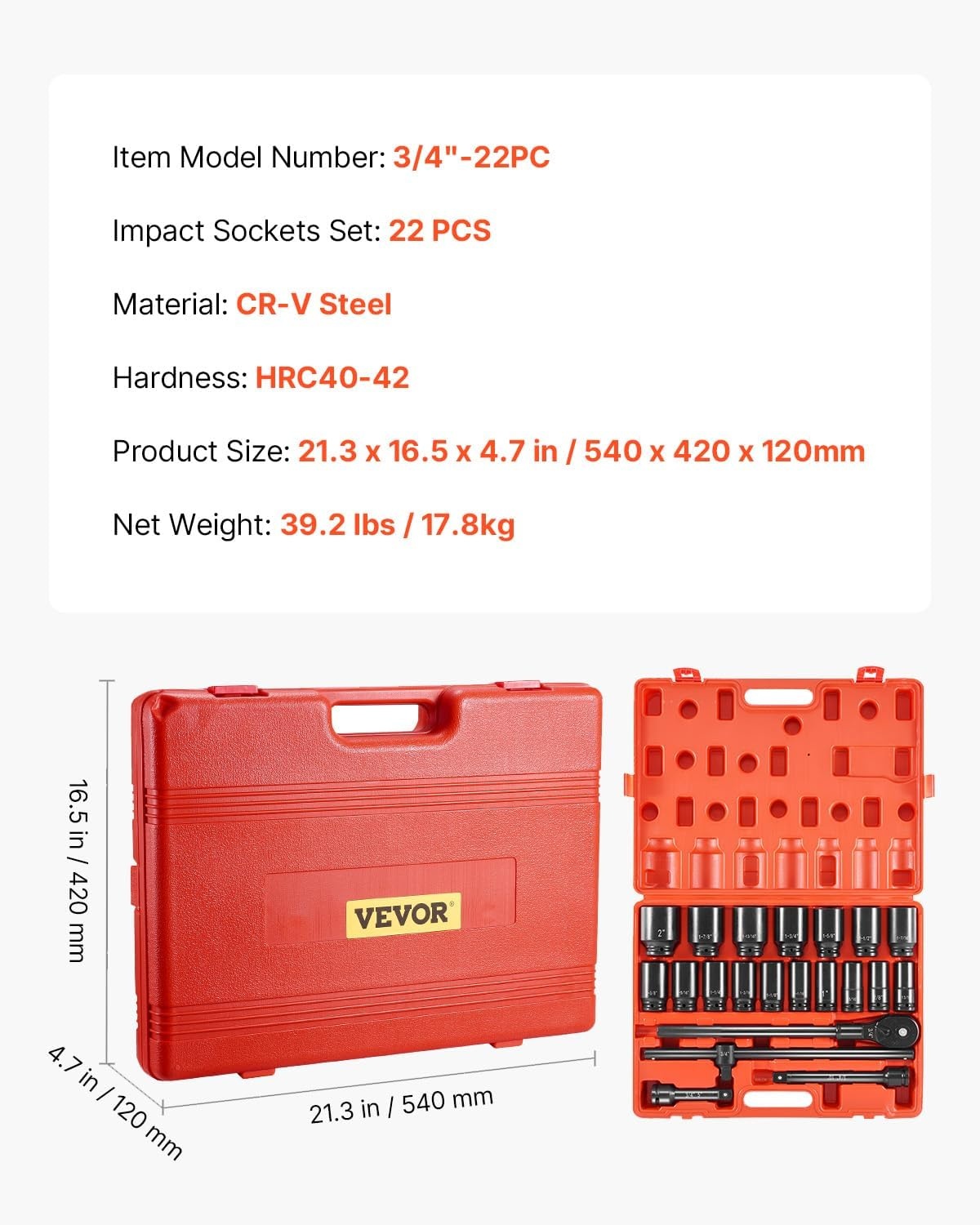 image:imageVEVOR Impact Drive Socket Set 12 Inches 19 Piece Impact Sockets SAE Standard Socket Assortment 38 Inches to 112 Inches 6point Hex Sockets34 22PCS
