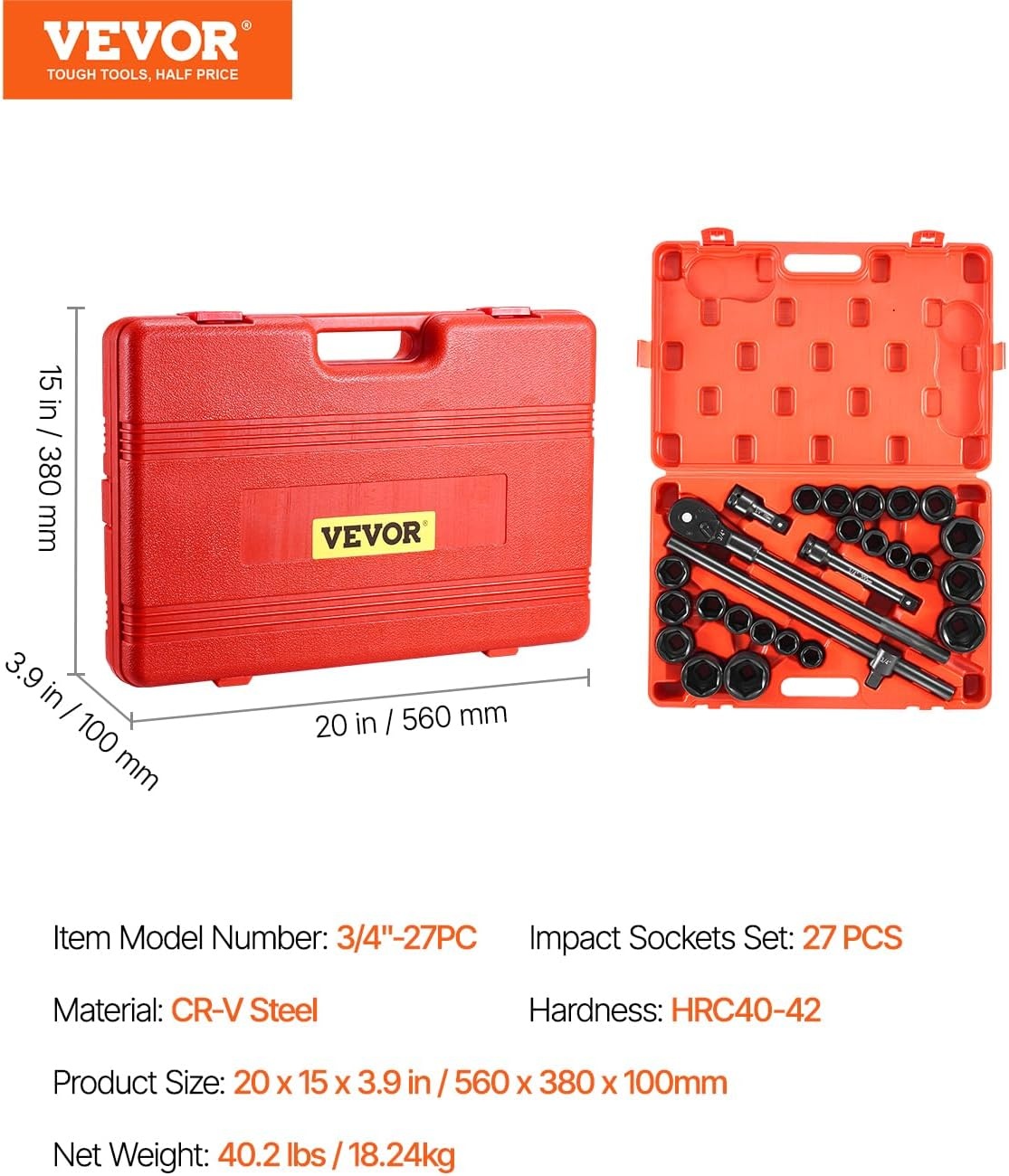 image:imageVEVOR Impact Drive Socket Set 12 Inches 19 Piece Impact Sockets SAE Standard Socket Assortment 38 Inches to 112 Inches 6point Hex Sockets34 27PCS