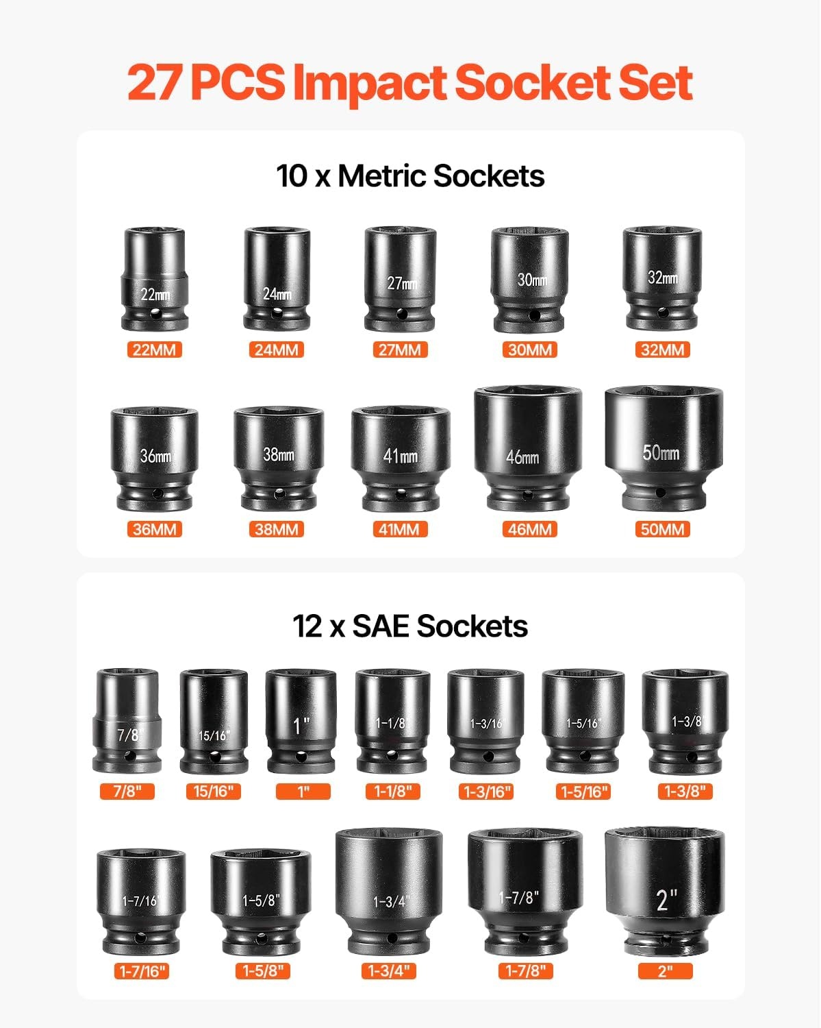 image:imageVEVOR Impact Drive Socket Set 12 Inches 19 Piece Impact Sockets SAE Standard Socket Assortment 38 Inches to 112 Inches 6point Hex Sockets34 27PCS