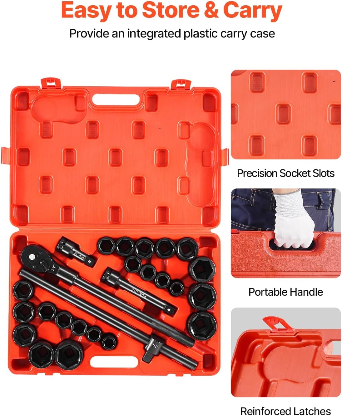 image:imageVEVOR Impact Drive Socket Set 12 Inches 19 Piece Impact Sockets SAE Standard Socket Assortment 38 Inches to 112 Inches 6point Hex Sockets34 27PCS