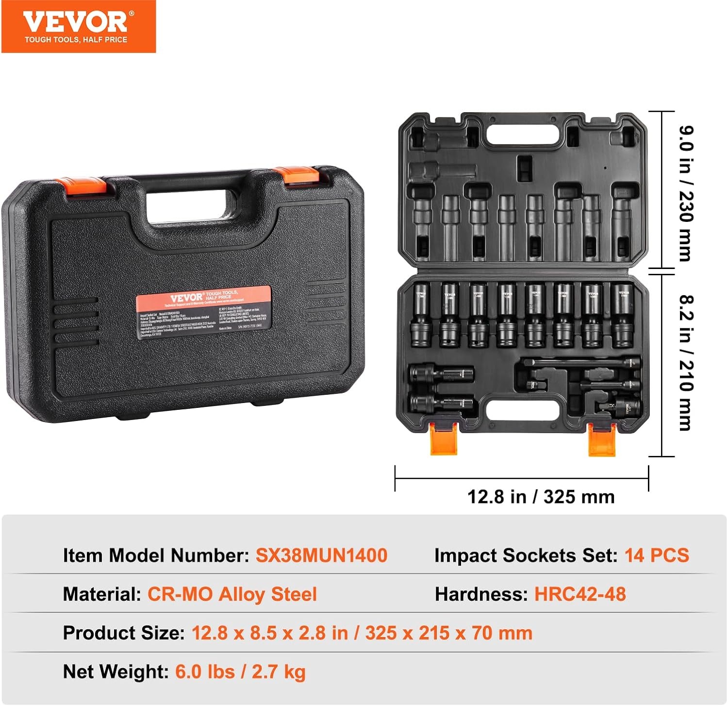 image:imageVEVOR Impact Drive Socket Set 12 Inches 19 Piece Impact Sockets SAE Standard Socket Assortment 38 Inches to 112 Inches 6point Hex Sockets38 14PCS Universal CRMO