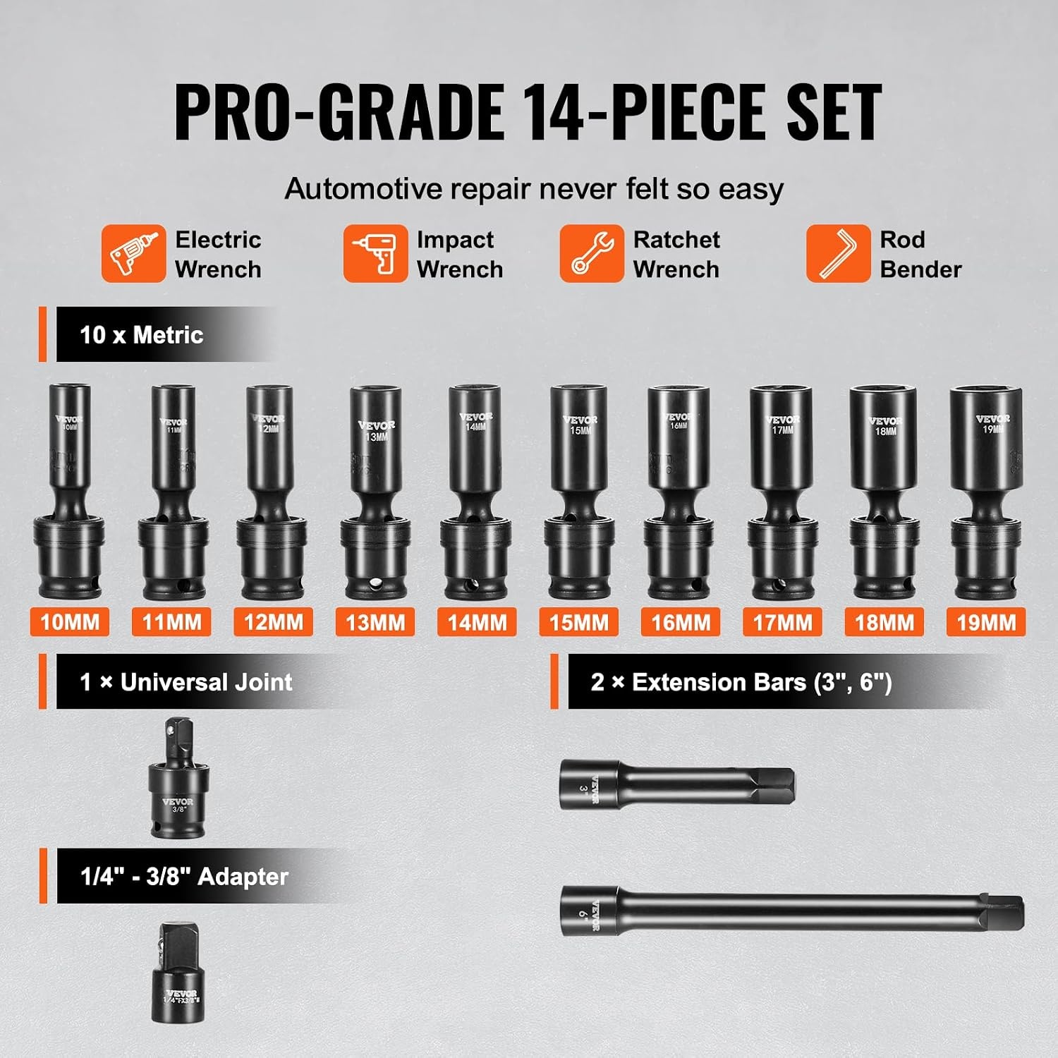 image:imageVEVOR Impact Drive Socket Set 12 Inches 19 Piece Impact Sockets SAE Standard Socket Assortment 38 Inches to 112 Inches 6point Hex Sockets38 14PCS Universal CRMO