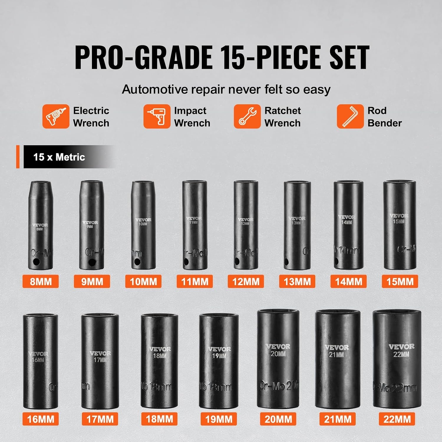 image:imageVEVOR Impact Drive Socket Set 12 Inches 19 Piece Impact Sockets SAE Standard Socket Assortment 38 Inches to 112 Inches 6point Hex Sockets38 15PCS CRMO