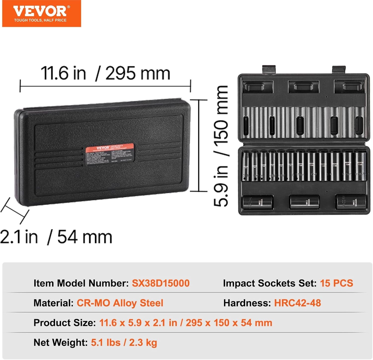 image:imageVEVOR Impact Drive Socket Set 12 Inches 19 Piece Impact Sockets SAE Standard Socket Assortment 38 Inches to 112 Inches 6point Hex Sockets38 15PCS CRMO