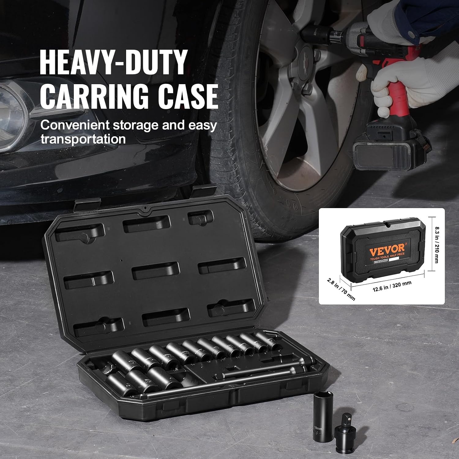 image:imageVEVOR Impact Drive Socket Set 12 Inches 19 Piece Impact Sockets SAE Standard Socket Assortment 38 Inches to 112 Inches 6point Hex Sockets38 18PCS