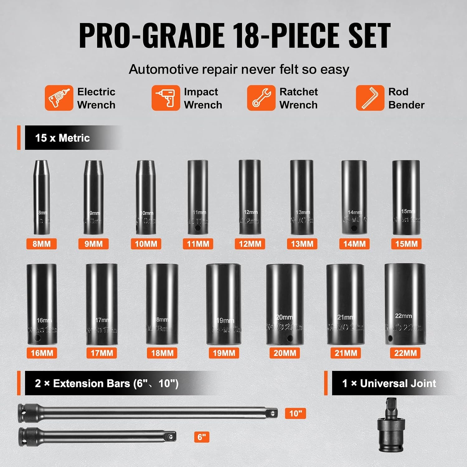 image:imageVEVOR Impact Drive Socket Set 12 Inches 19 Piece Impact Sockets SAE Standard Socket Assortment 38 Inches to 112 Inches 6point Hex Sockets38 18PCS