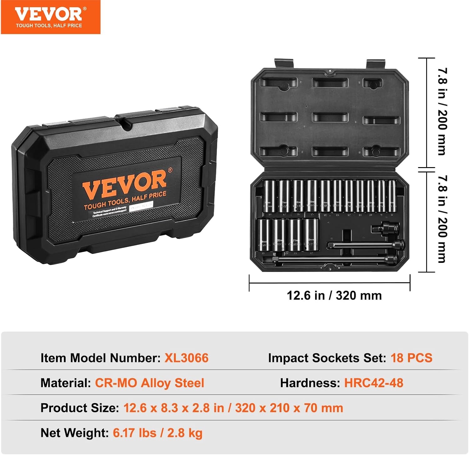 image:imageVEVOR Impact Drive Socket Set 12 Inches 19 Piece Impact Sockets SAE Standard Socket Assortment 38 Inches to 112 Inches 6point Hex Sockets38 18PCS