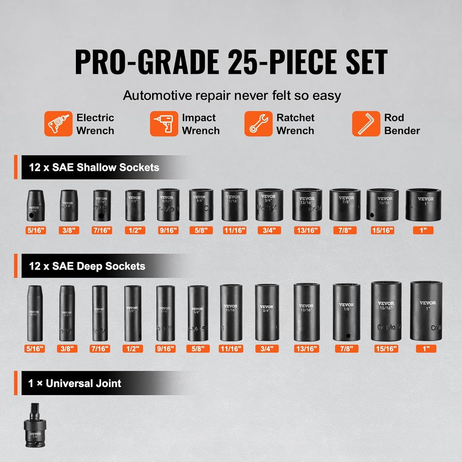 image:imageVEVOR Impact Drive Socket Set 12 Inches 19 Piece Impact Sockets SAE Standard Socket Assortment 38 Inches to 112 Inches 6point Hex Sockets38 25PCS CRMO