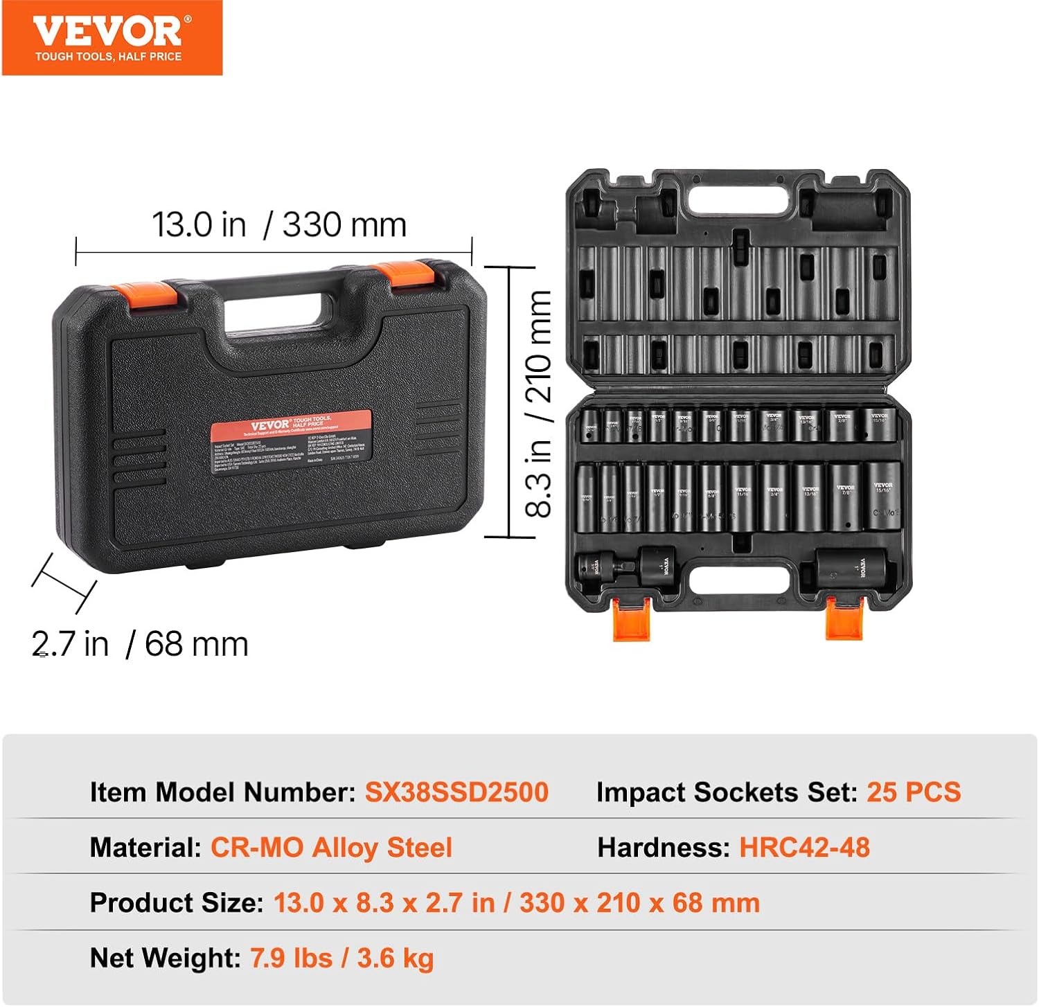 image:imageVEVOR Impact Drive Socket Set 12 Inches 19 Piece Impact Sockets SAE Standard Socket Assortment 38 Inches to 112 Inches 6point Hex Sockets38 25PCS CRMO