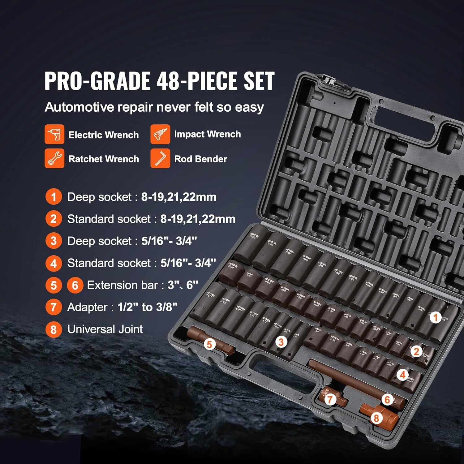 image:imageVEVOR Impact Drive Socket Set 12 Inches 19 Piece Impact Sockets SAE Standard Socket Assortment 38 Inches to 112 Inches 6point Hex Sockets38 48PCS