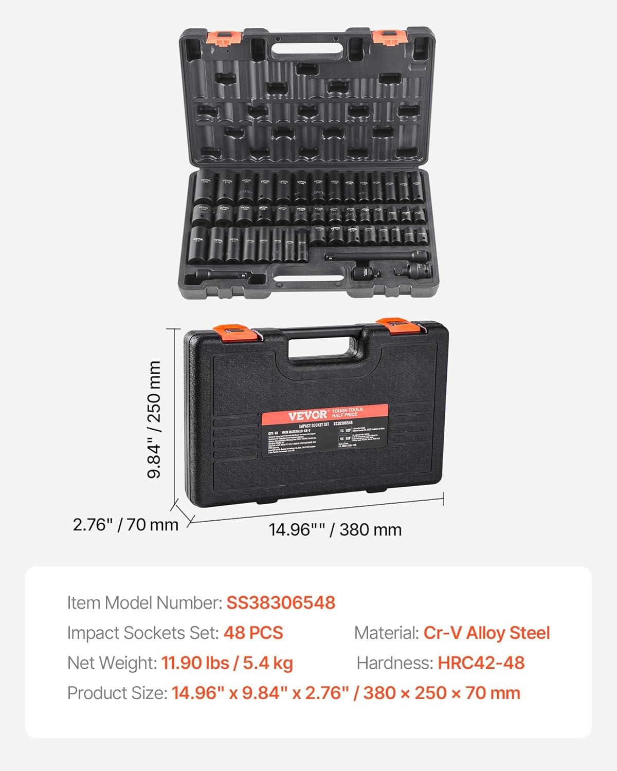 image:imageVEVOR Impact Drive Socket Set 12 Inches 19 Piece Impact Sockets SAE Standard Socket Assortment 38 Inches to 112 Inches 6point Hex Sockets38 48PCS